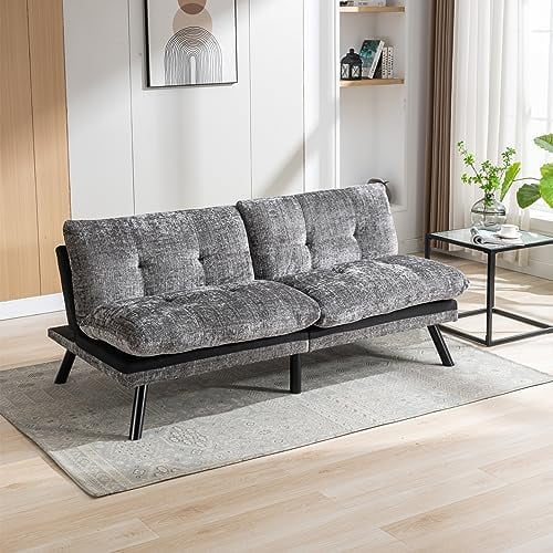 RUNFAYBIU Convertible Armless Sofa Bed Loveseat Futon Sofa Bed with Metal Legs Breathable Adjustable Sleeper Sofa Couch for Compact Living Space Chenille Mint Green