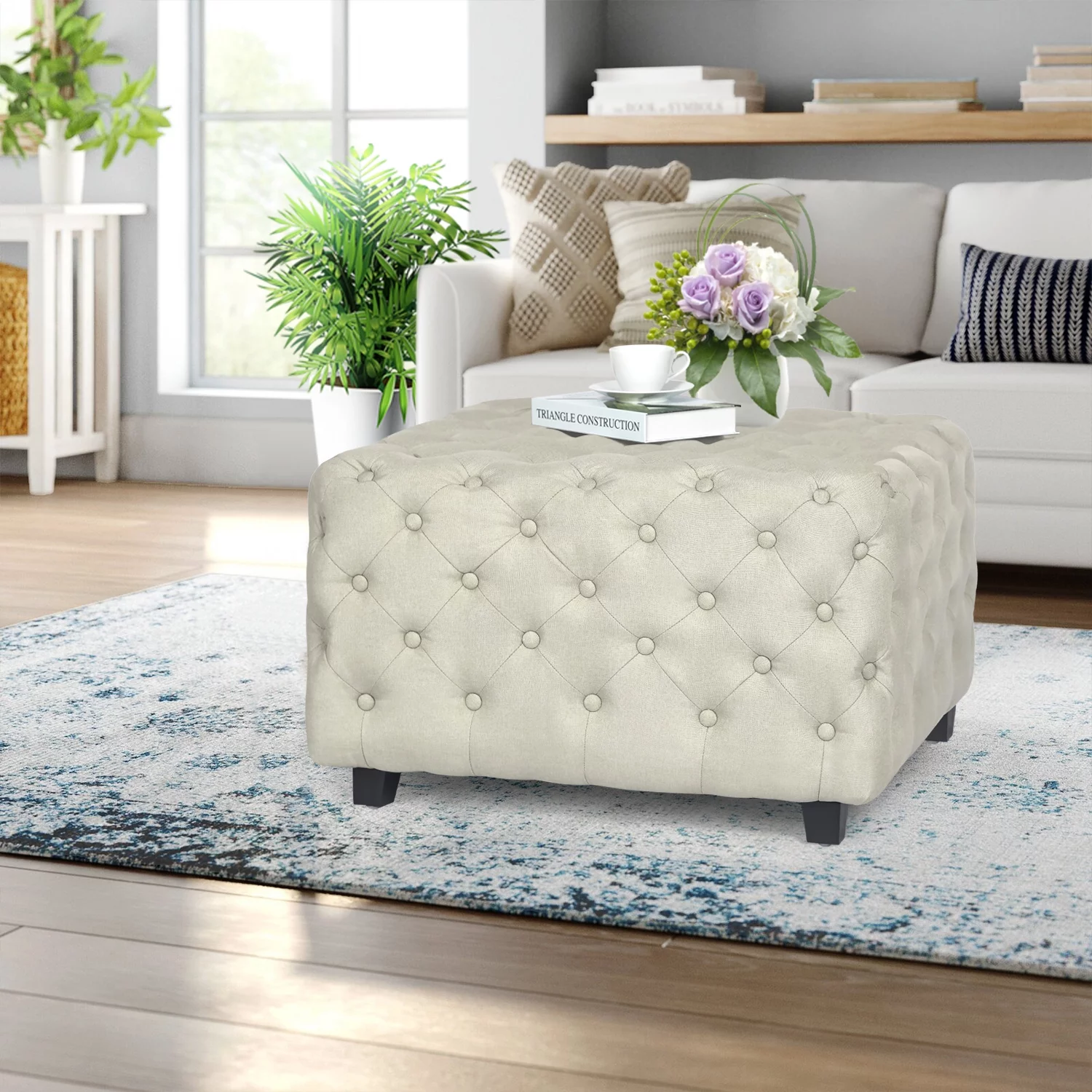 Homebeez Middle Century Upholstered Tufted Coffee Table with Padded Seat, Large Square Ottoman for Living Room Home Office