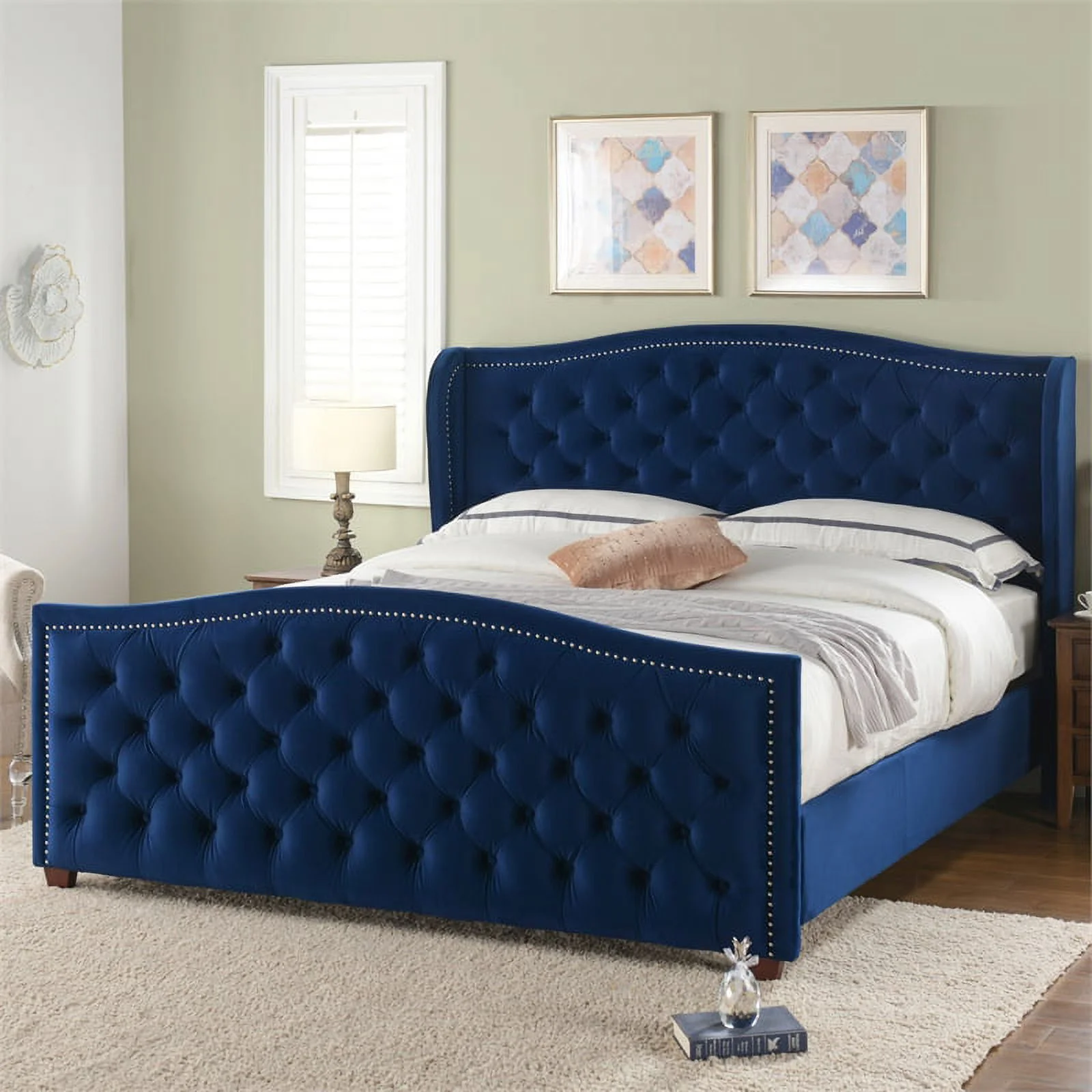Maklaine Modern Hardwood Tufted Wingback King Bed in Navy Blue