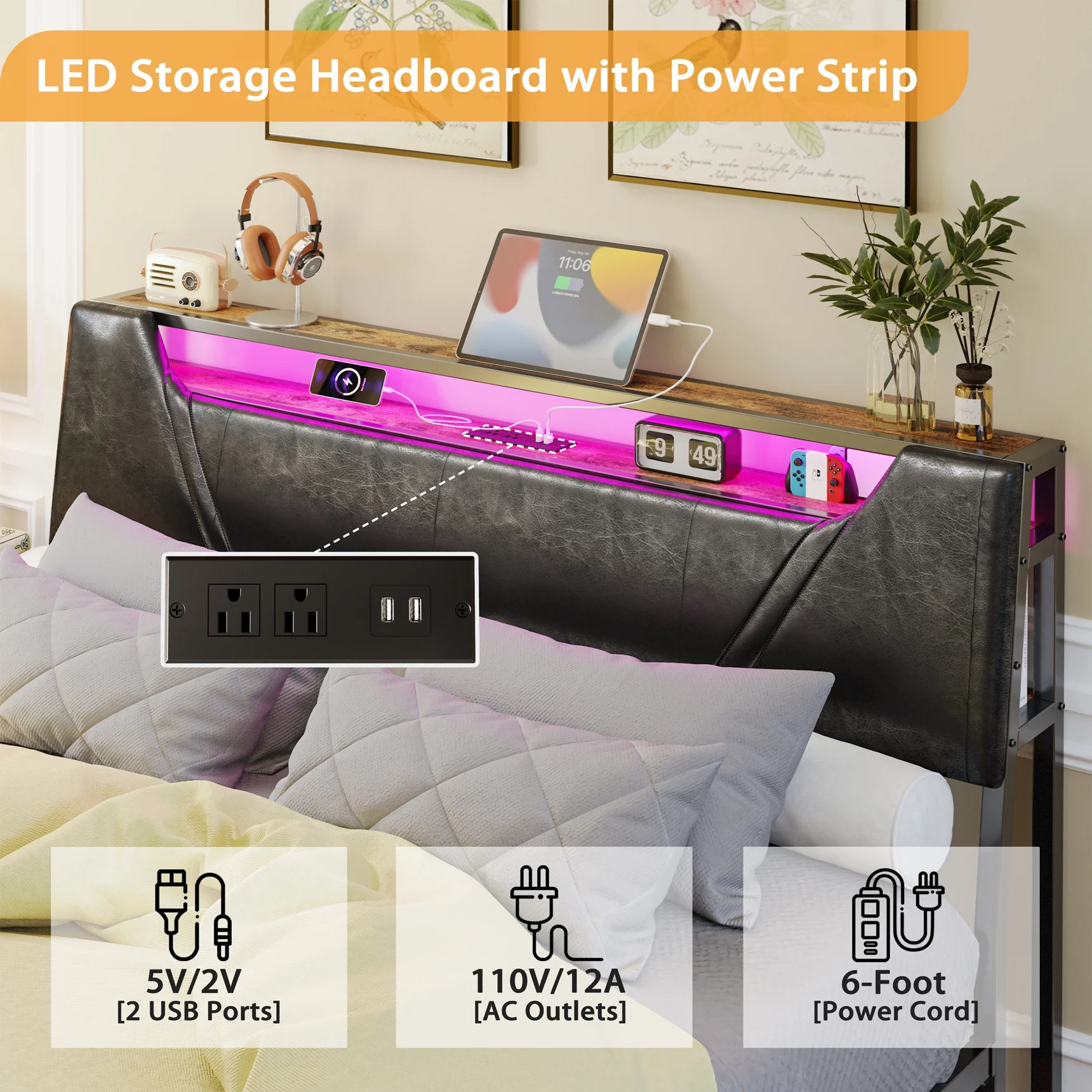 IRONCK Queen Bed Frame with Storage Headboard, Charging Station, LED Lights, 2 Under-bed Drawers