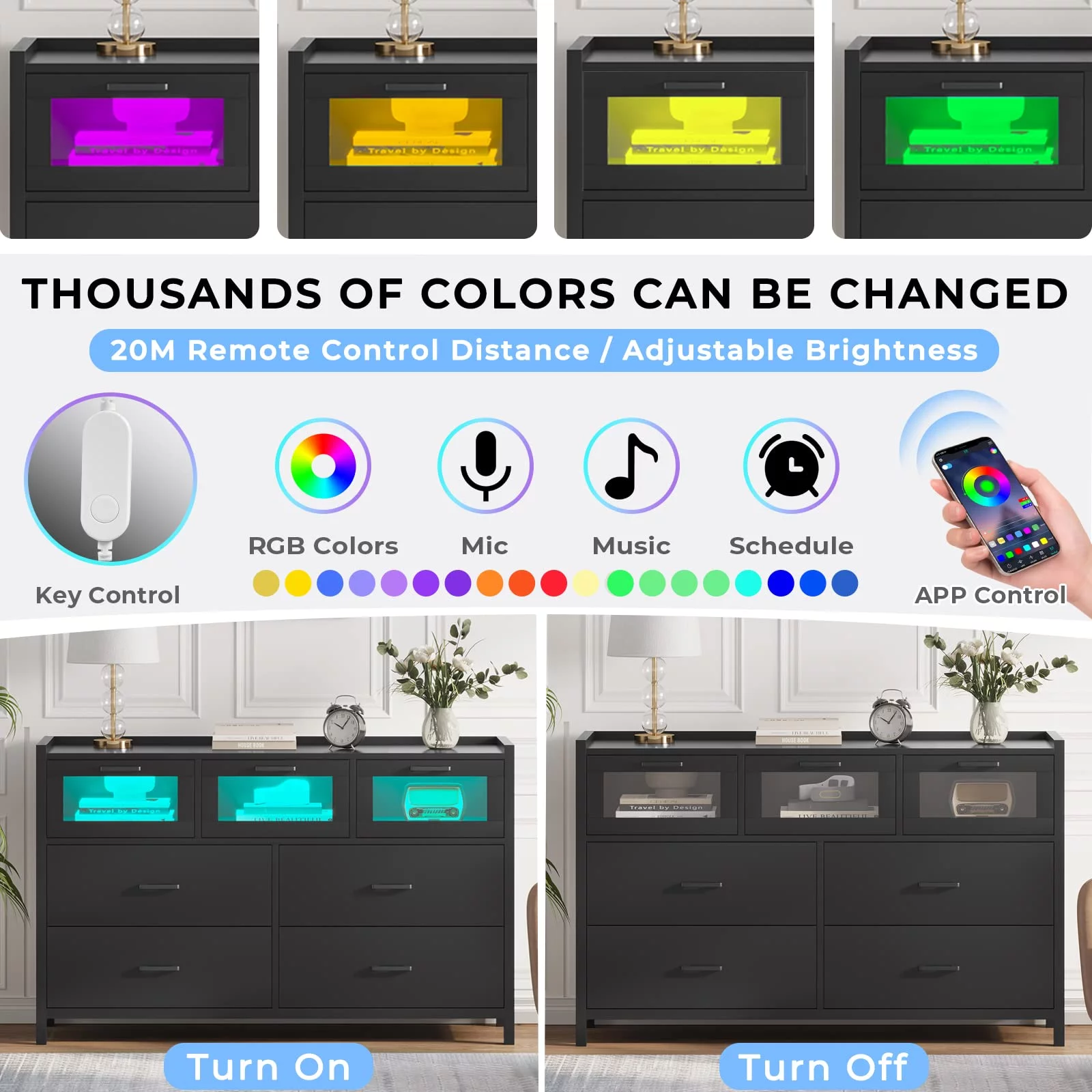 Dresser for Bedroom, 7 Drawers Dresser with LED Lights, Black