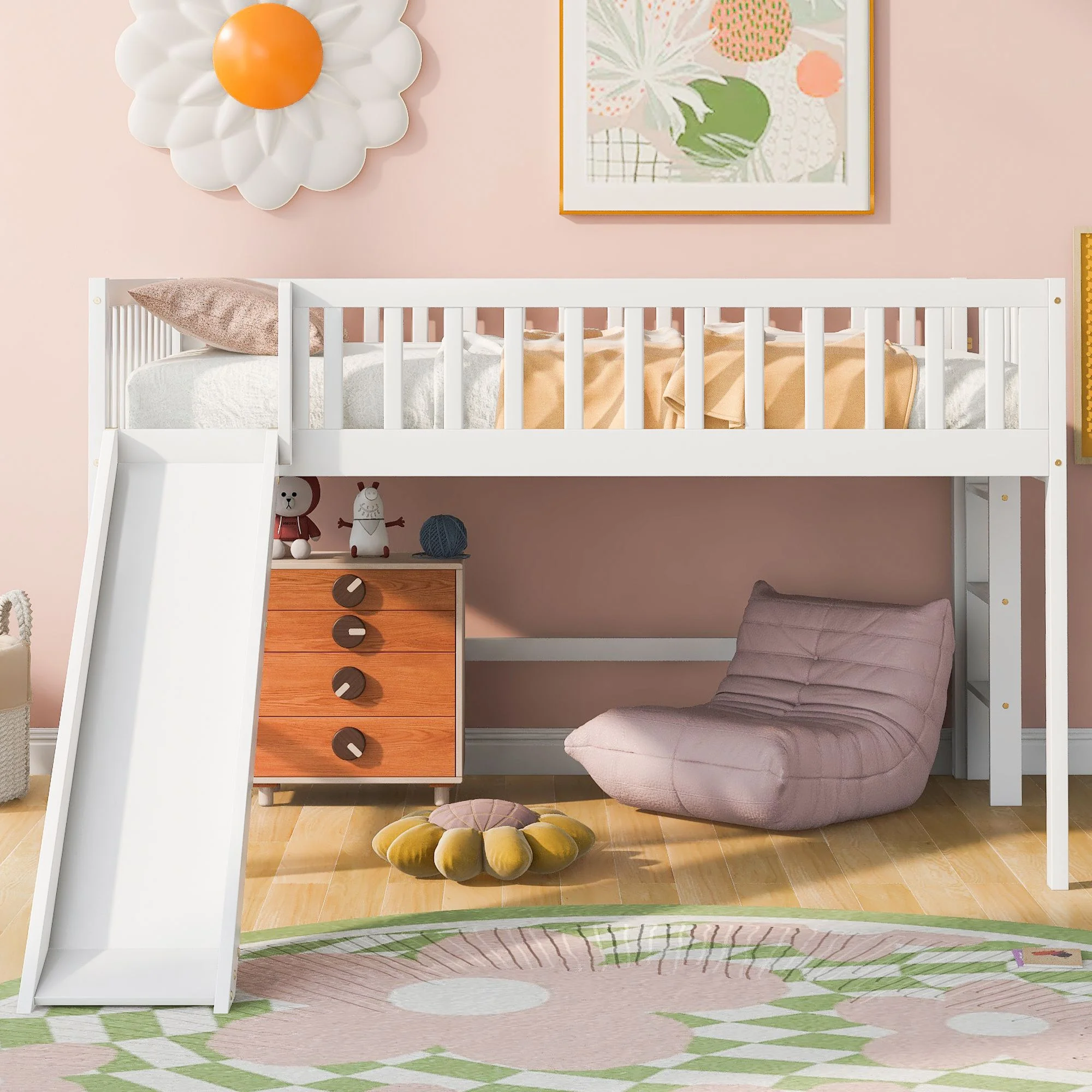 Full Size Low Loft Bed with Ladder and Smooth Slide, Sturdy Wooden Loftbed Frame with Ladder & Safety Guardrail for Teens Bedroom, Space Saving Design