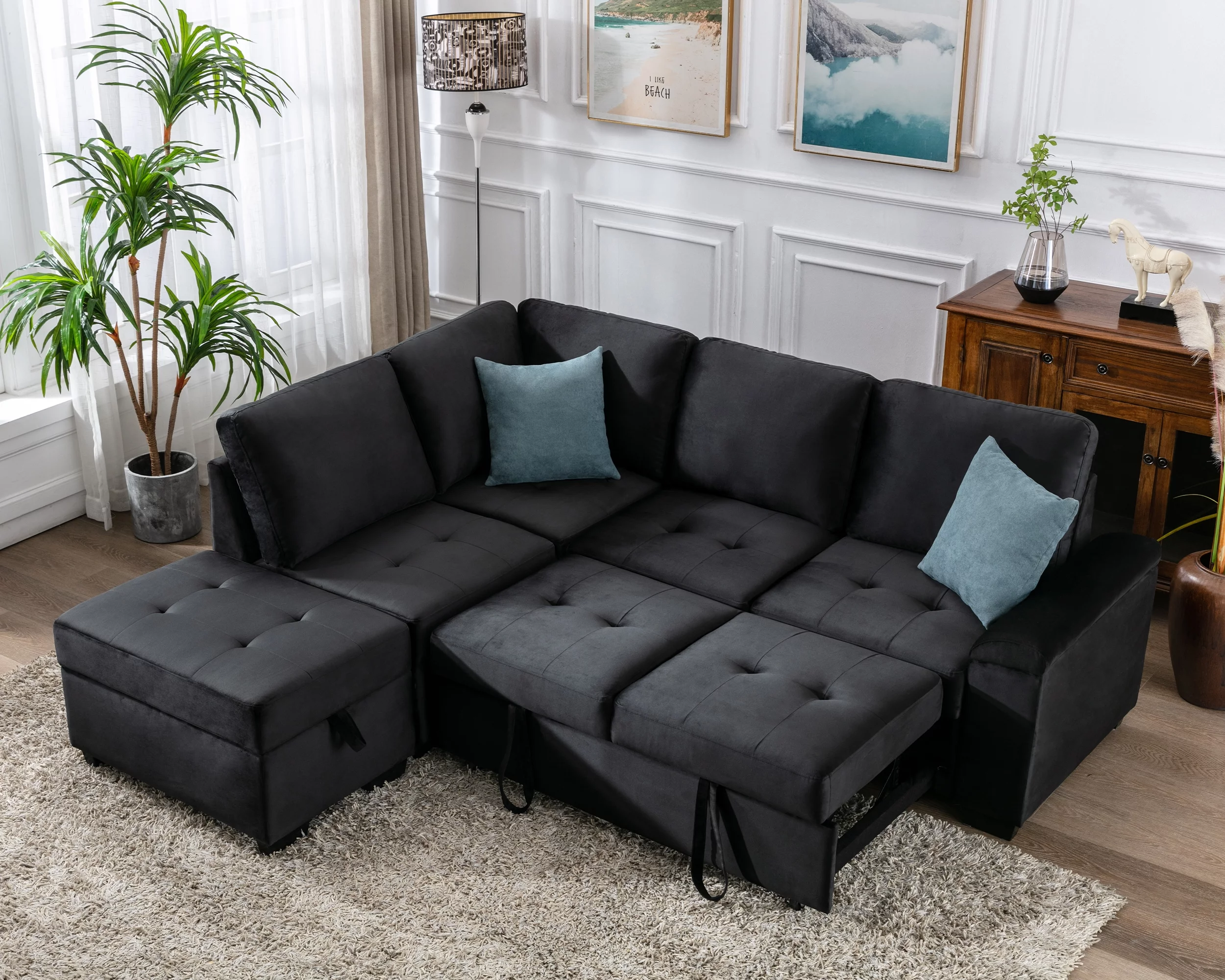 Churanty Sectional L Shape Corner Sofa Convertible Sleeper Combination Couch with Storage Footrest and Hidden Arms Pull Out Sheet for Living Room Apartme,Black