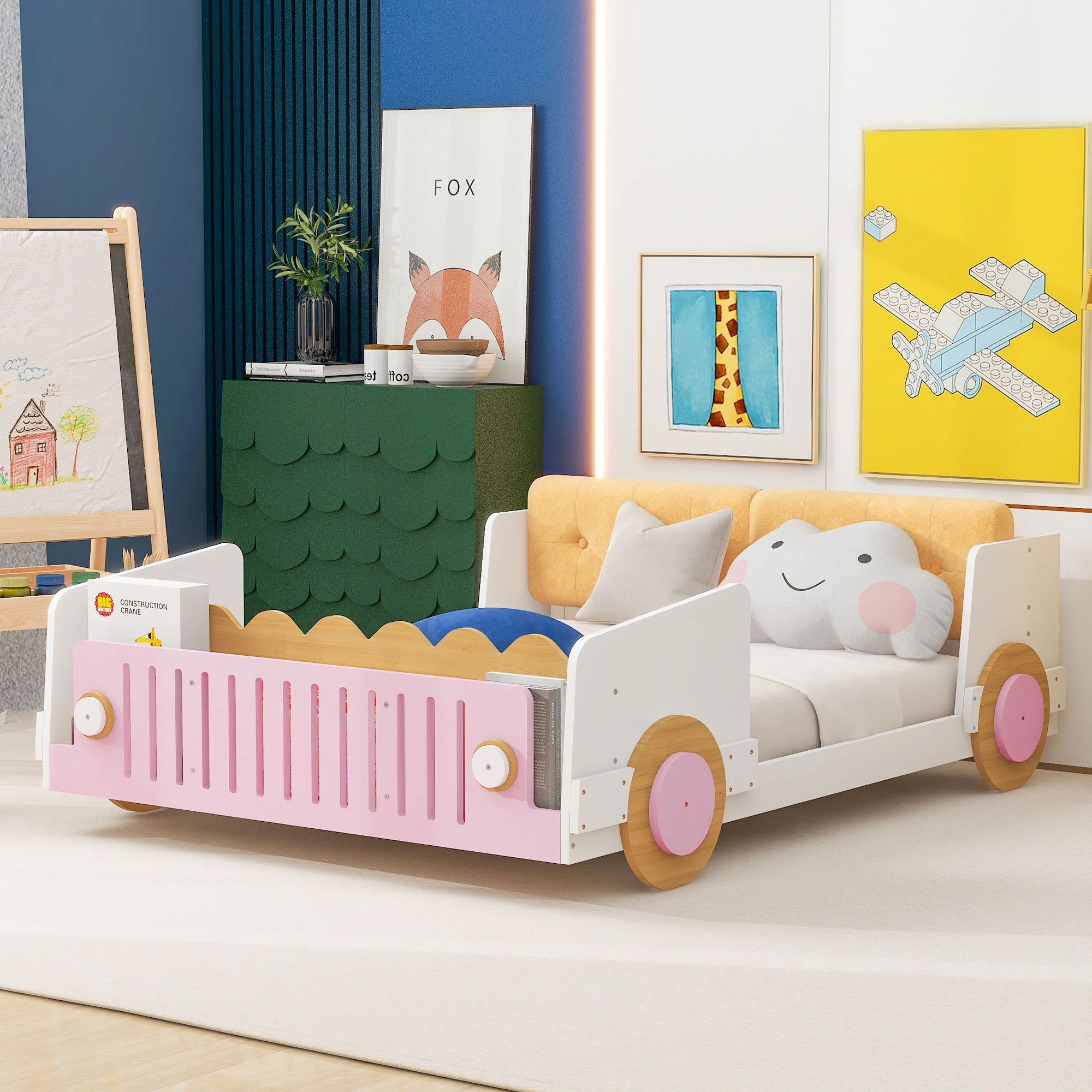 Euroco Full Size Car-Shaped Platform Bed with Storage Shelf and 2 Cushions for Kids Bedroom
