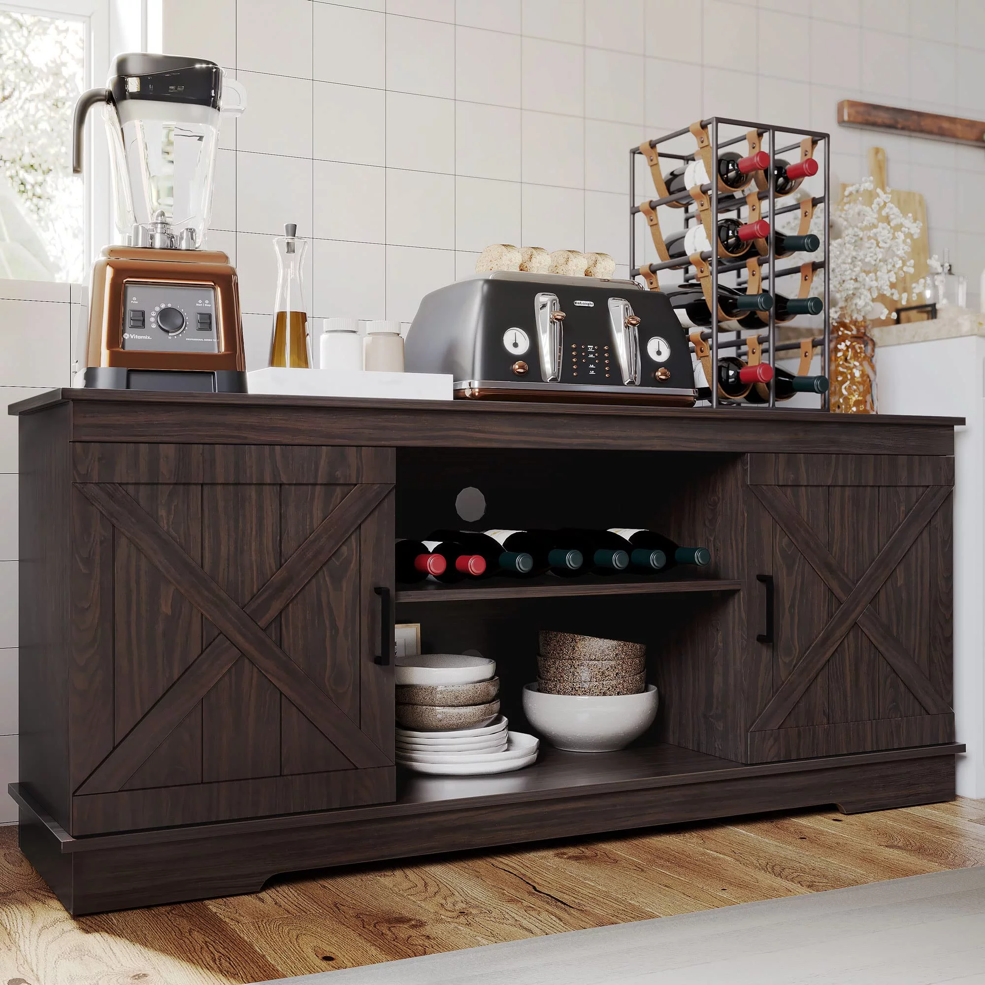 DEXTRUS Farmhouse Storage Cabinet, Buffet Sideboard with Barn Door for Dinning Living Room, Espresso