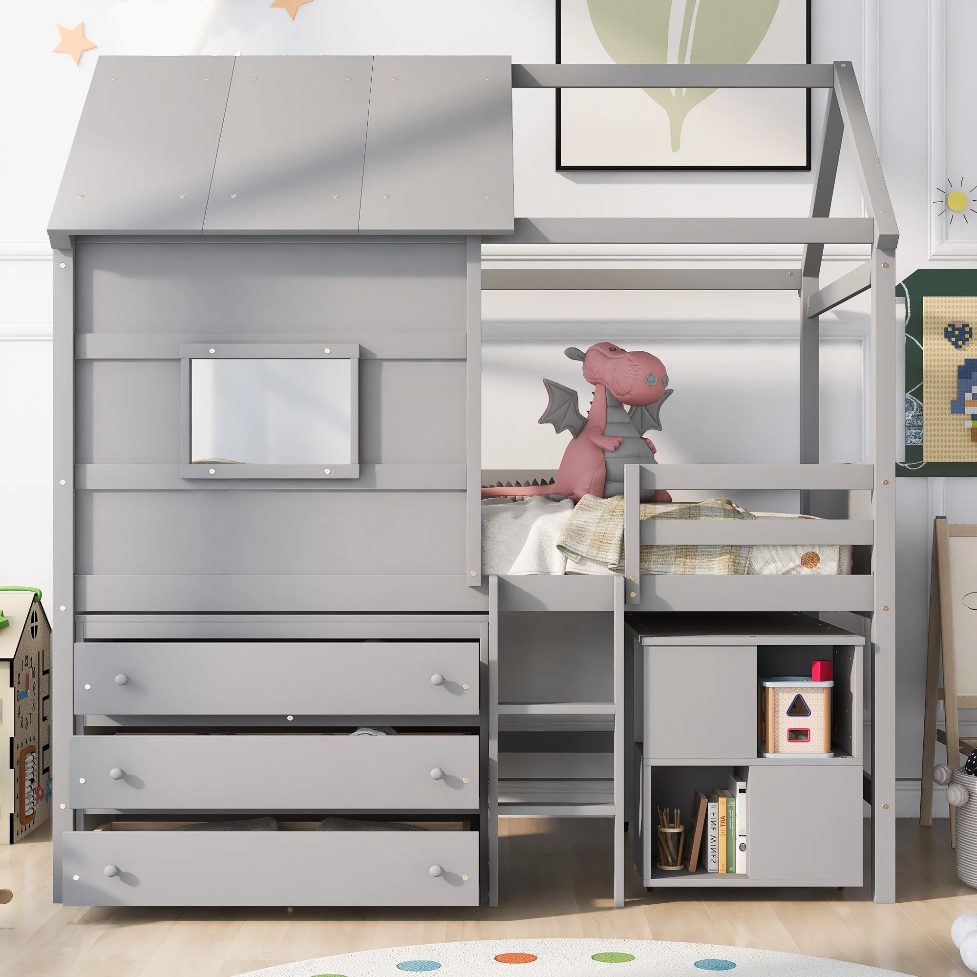 CoSoTower Twin Size House Loft Bed with Storage Desk and 3 Drawer Chest, Gray