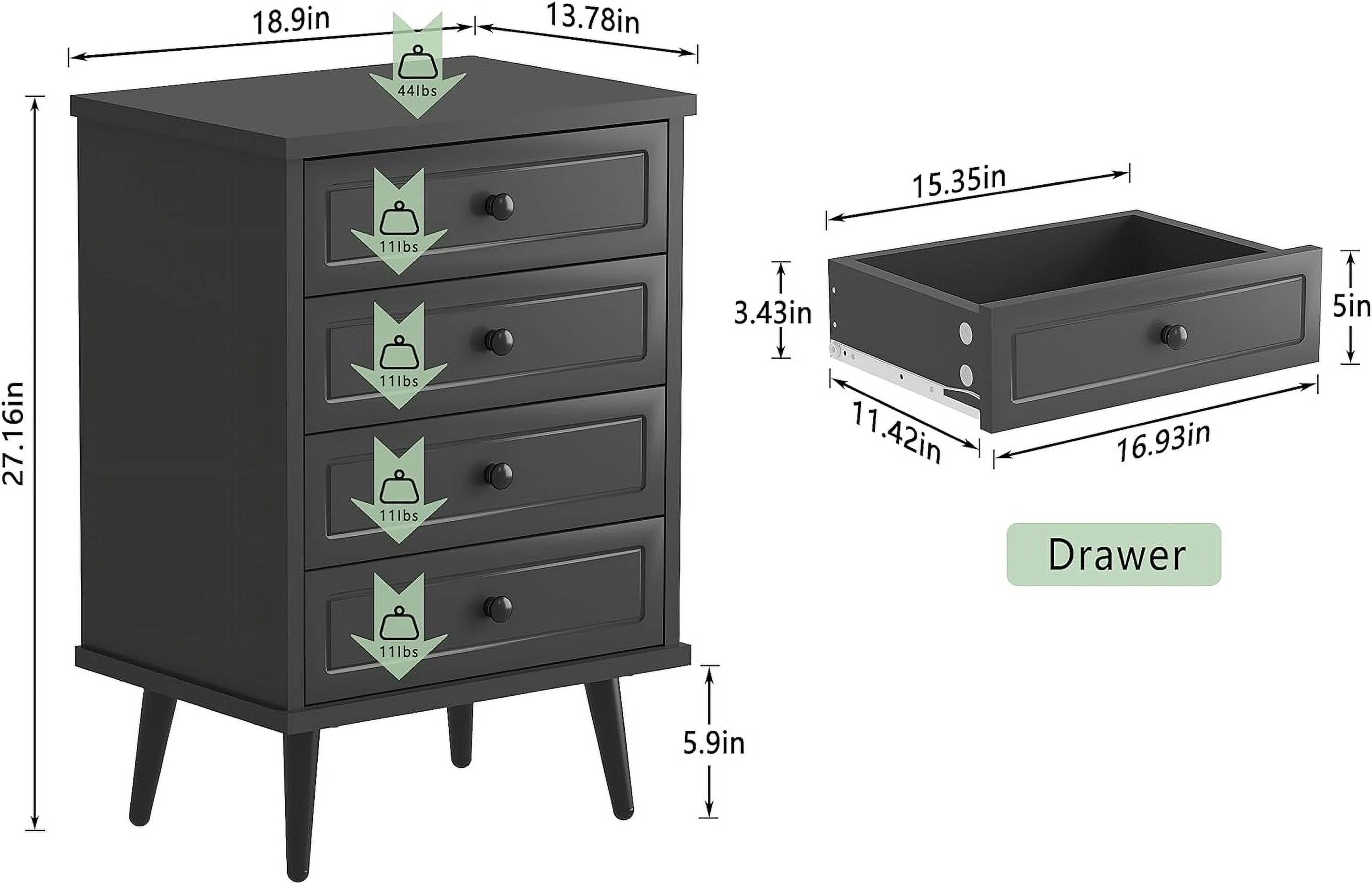 FJU Dresser with 4 Drawers, Wood Storage Chest of Drawers with Anti-Toppling Device for Bathroom, Bedroom, Living Room and Closet