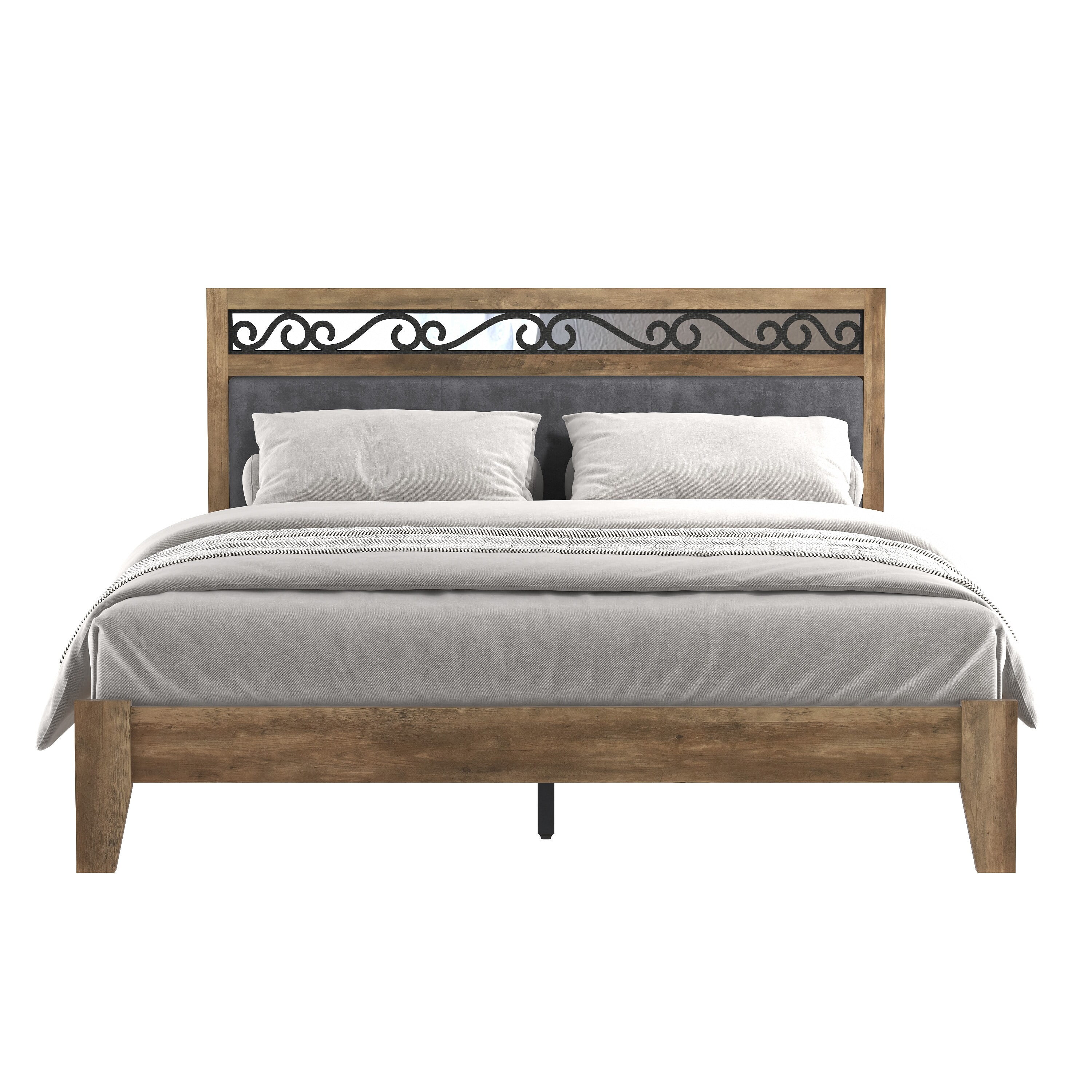GALANO  Tammin Knotty Oak Upholstered Queen Platform Bed with Headboard