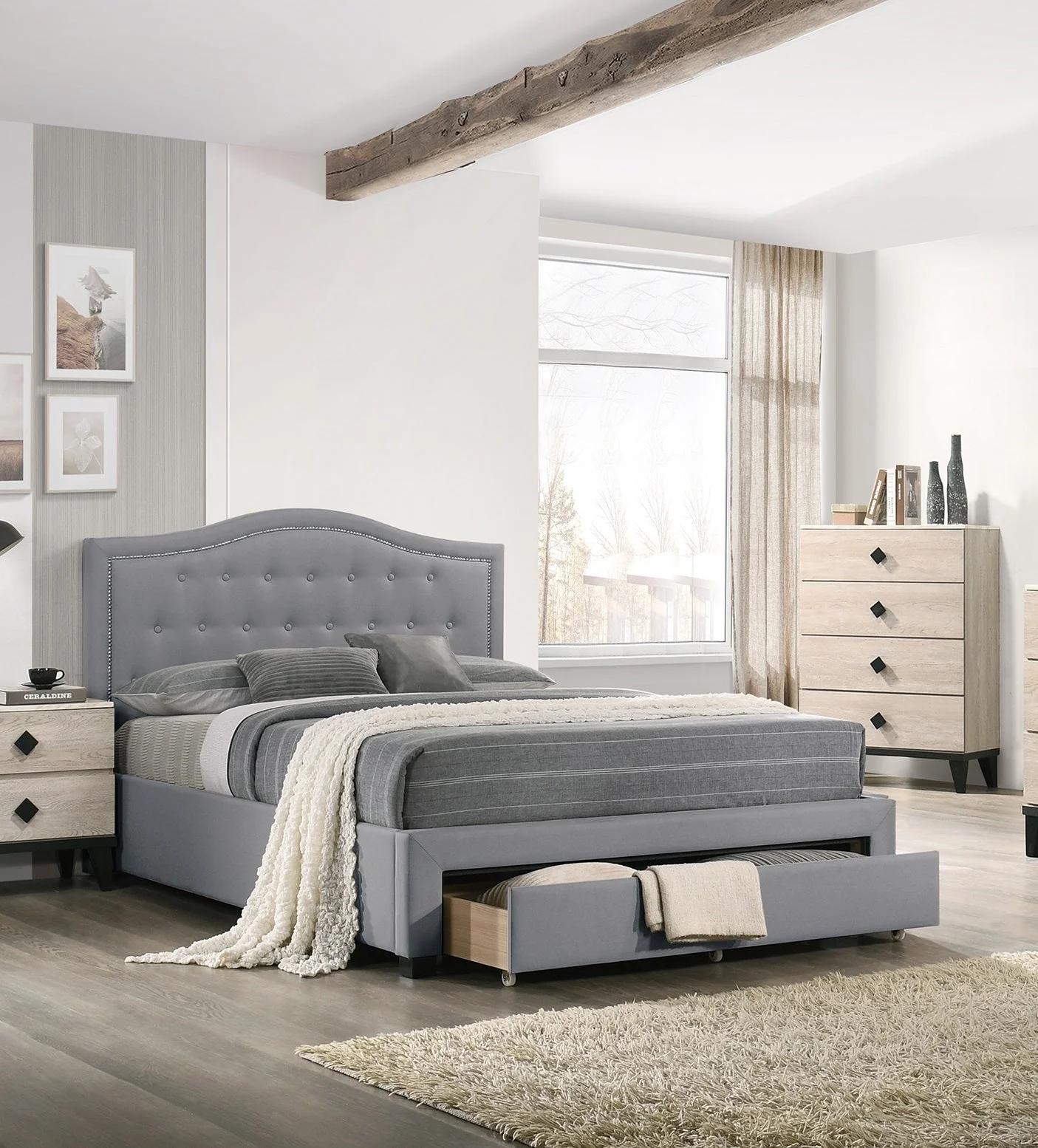 Imani Queen Size Bed w Drawer Button Tufted  - Light Grey