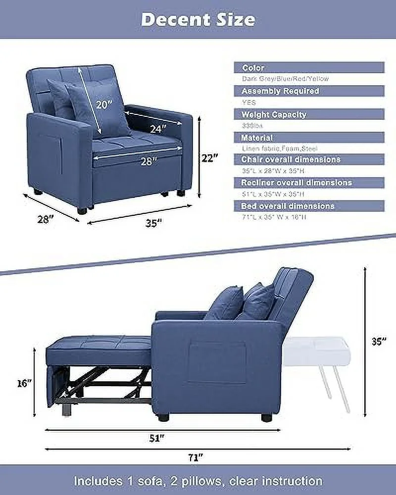 HBBOOMLIFE 3-in-1 Convertible Chair Bed  Sleeper Chair Bed with Adjustable Backrest  Pull Out Folding Sofa Chair Bed  Modern Single Armchair for Small Room and Apartment-Blue