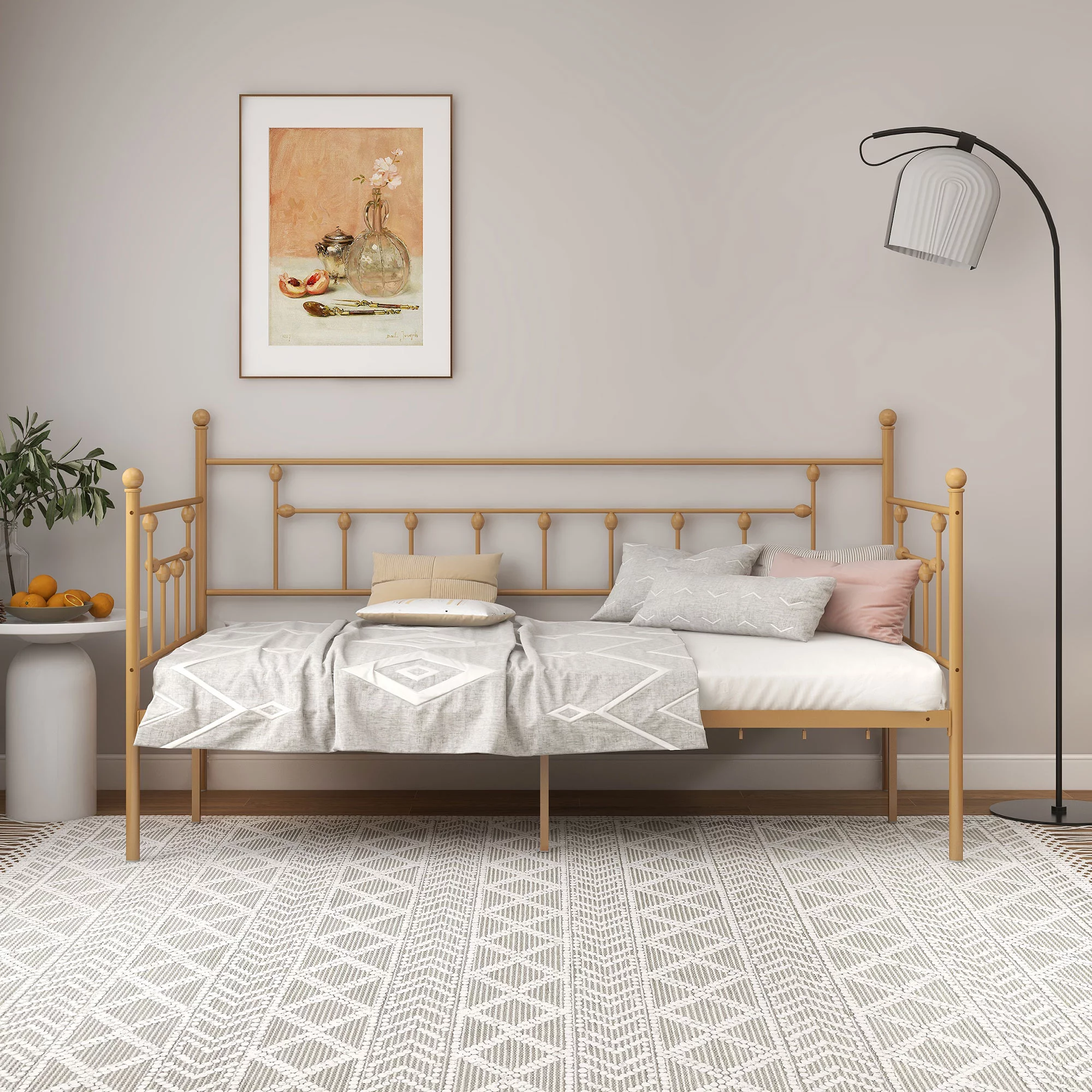 NNV Victorian Gold Metal Twin Daybed, Metal Bed Frame, Mattress Foundation