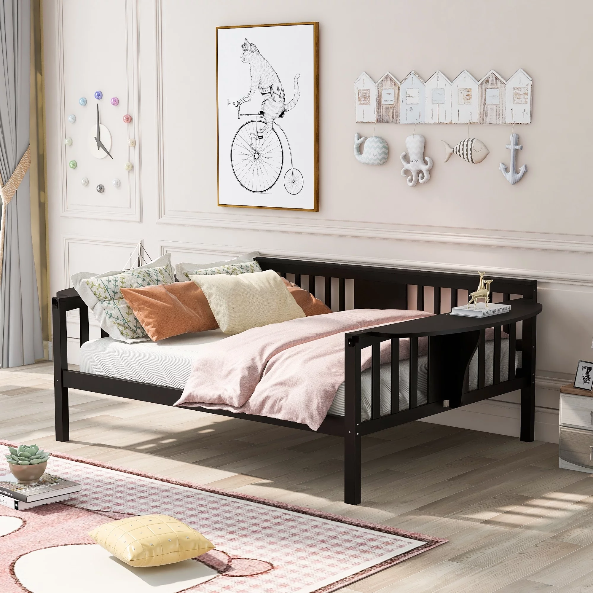 Dual-use Full Daybed Sofabed with 3 Side Rails and 2 Extra Connected Small Coffee Table Shelf for Living Room Espresso