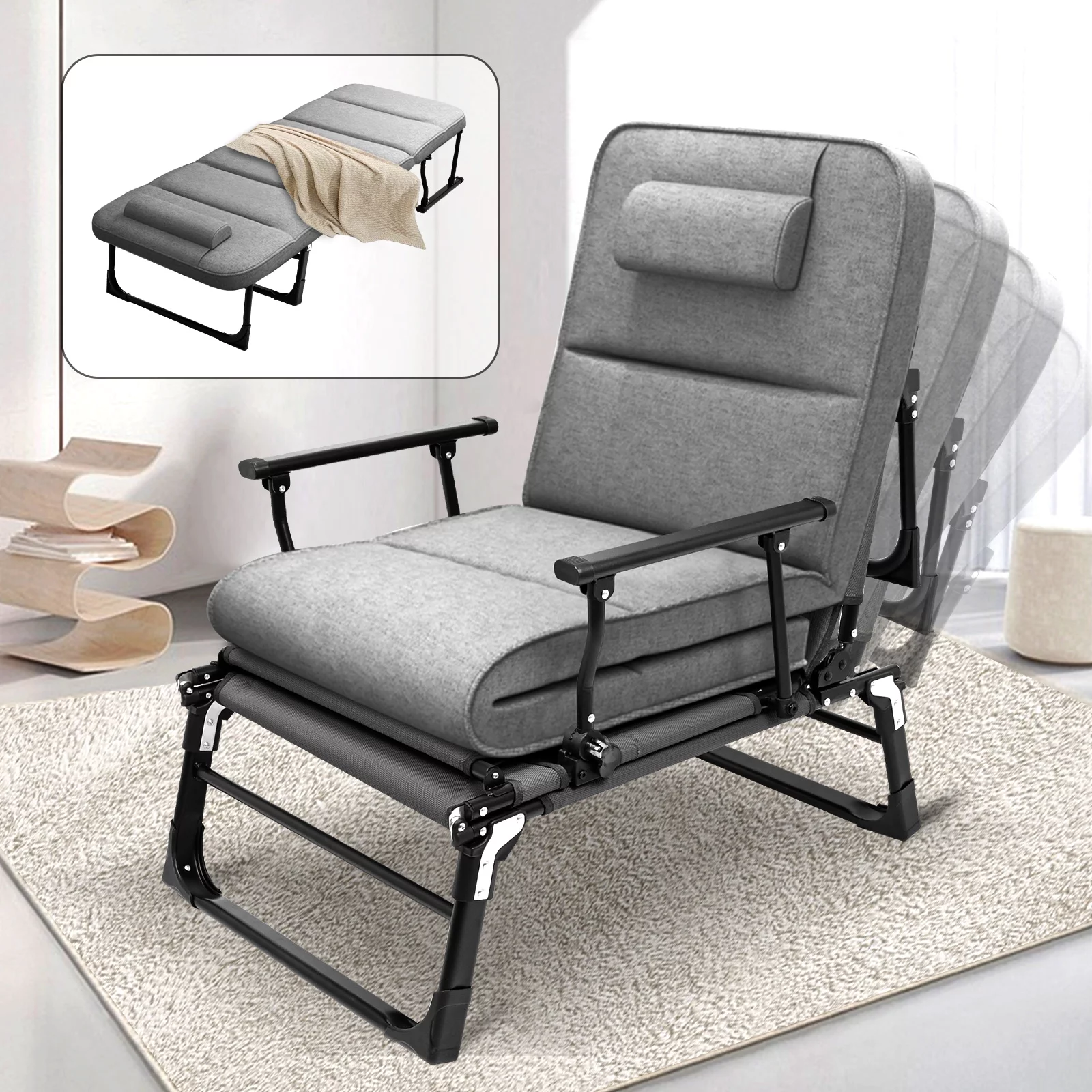 Slsy 3 in 1 6-Gear Rollaway Guest Bed Cot, Fold Out Bed, Heavy Duty Portable Folding Bed Frame with Cushion & Pillow for Bedroom & Office