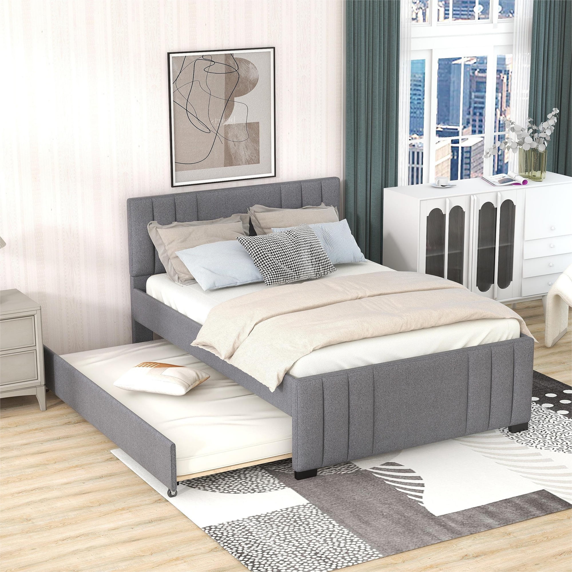 Churanty Full Upholstered Bed with Trundle and Headboard, Gray Tufted Full Platform Bed Frame for Kids Teens Adults