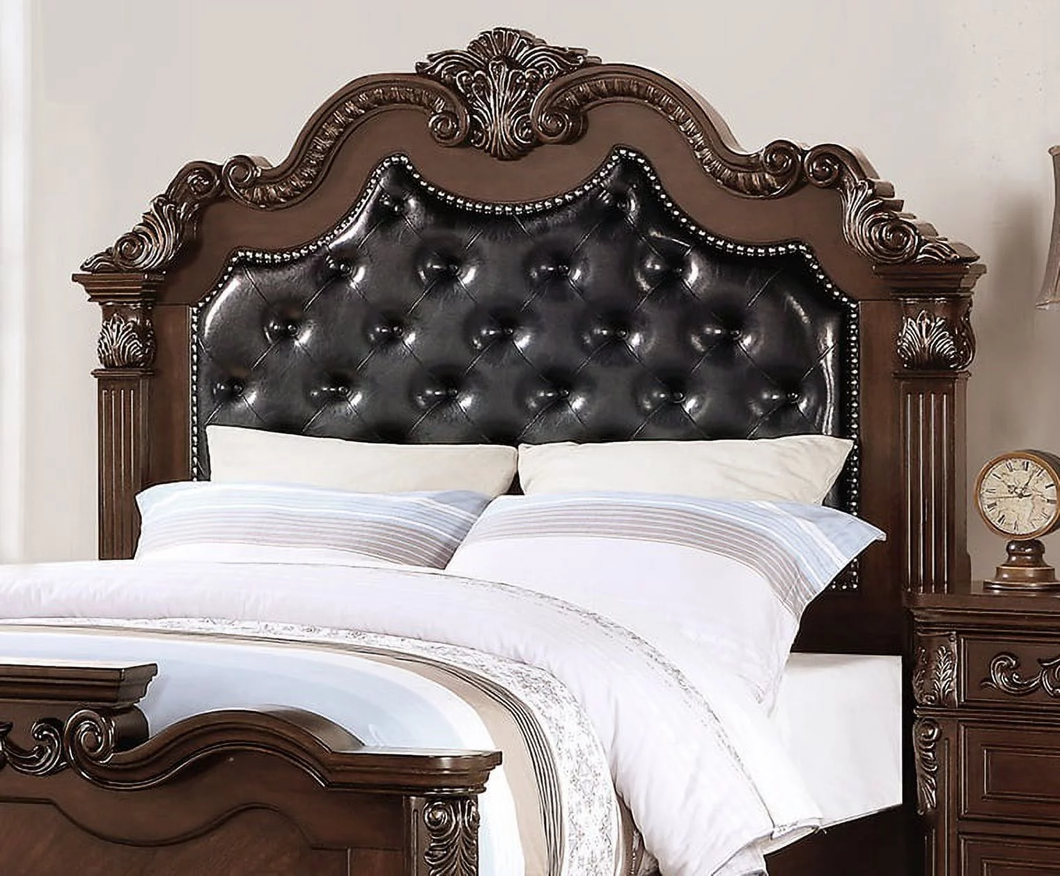Dark Brown California King Size Bed Faux Leather Tufted Headboard Floral Design Bedframe Bedroom 1pcs bed