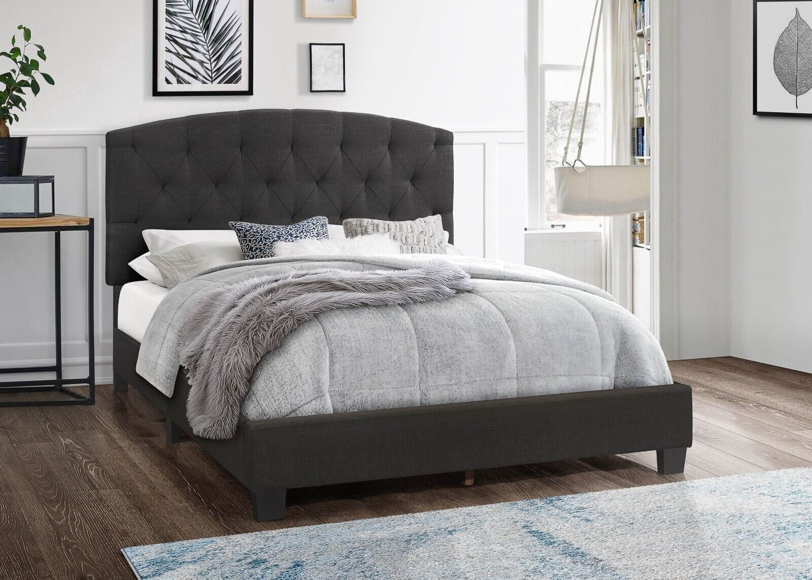 Modern Contemporary 1pc Queen Platform Bed DarK Gray Color Fabric Upholstered Bedroom Furniture