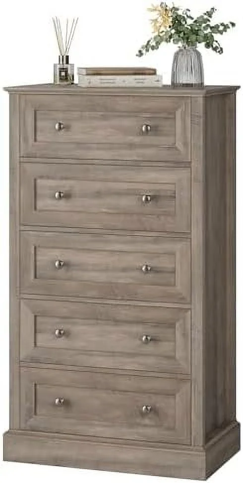5 Drawer Dresser Tall Dresser with 5 Drawers Chest of Drawers Cabinet Wood Dresser for Hallway Living Room Wash Gray