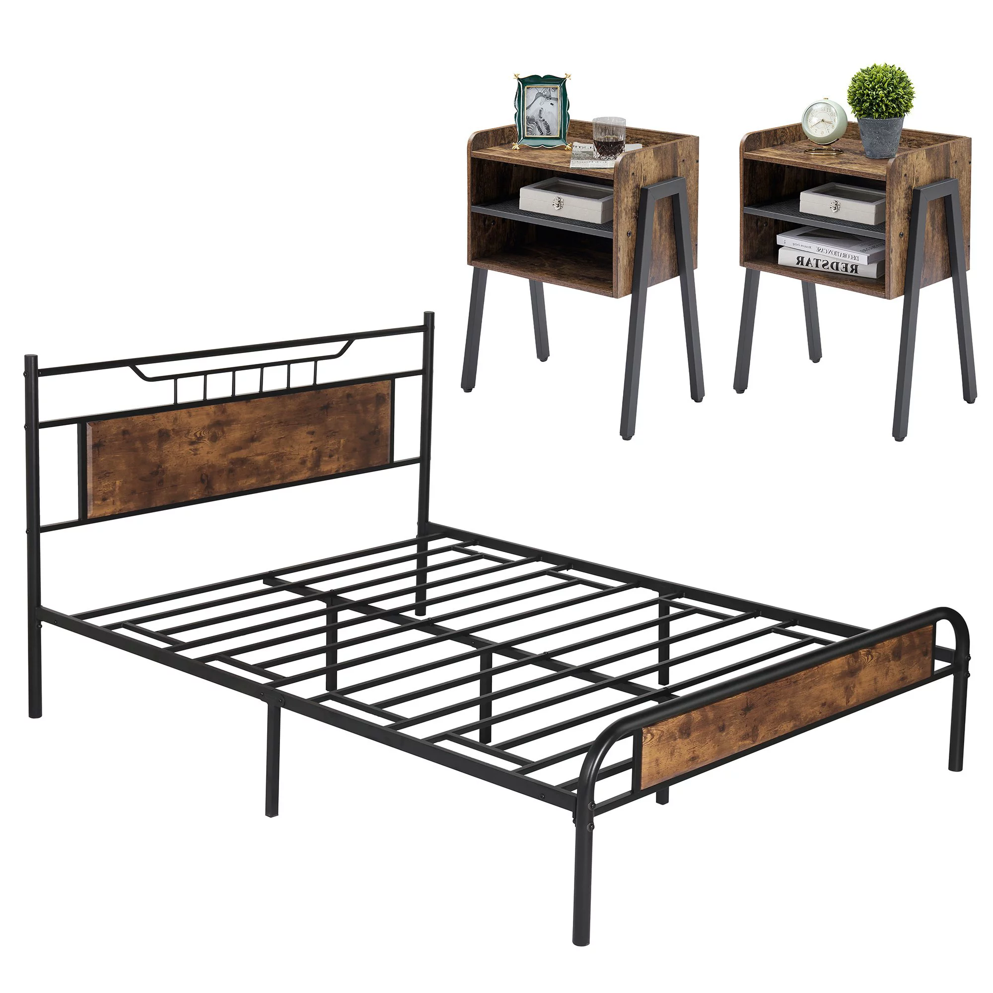 VECELO 3-piece Bedroom Set, Full Size Metal and Wood Platform Bed Frame with Set of 2 Stackable Nightstands End Table