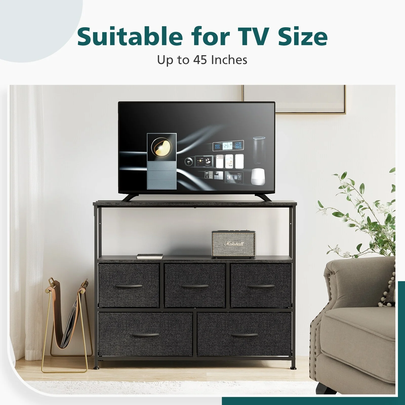 CoolArea 5-Drawer Dresser, Fabric Chest Storage Tower with Wooden Top and Open Shelf Black