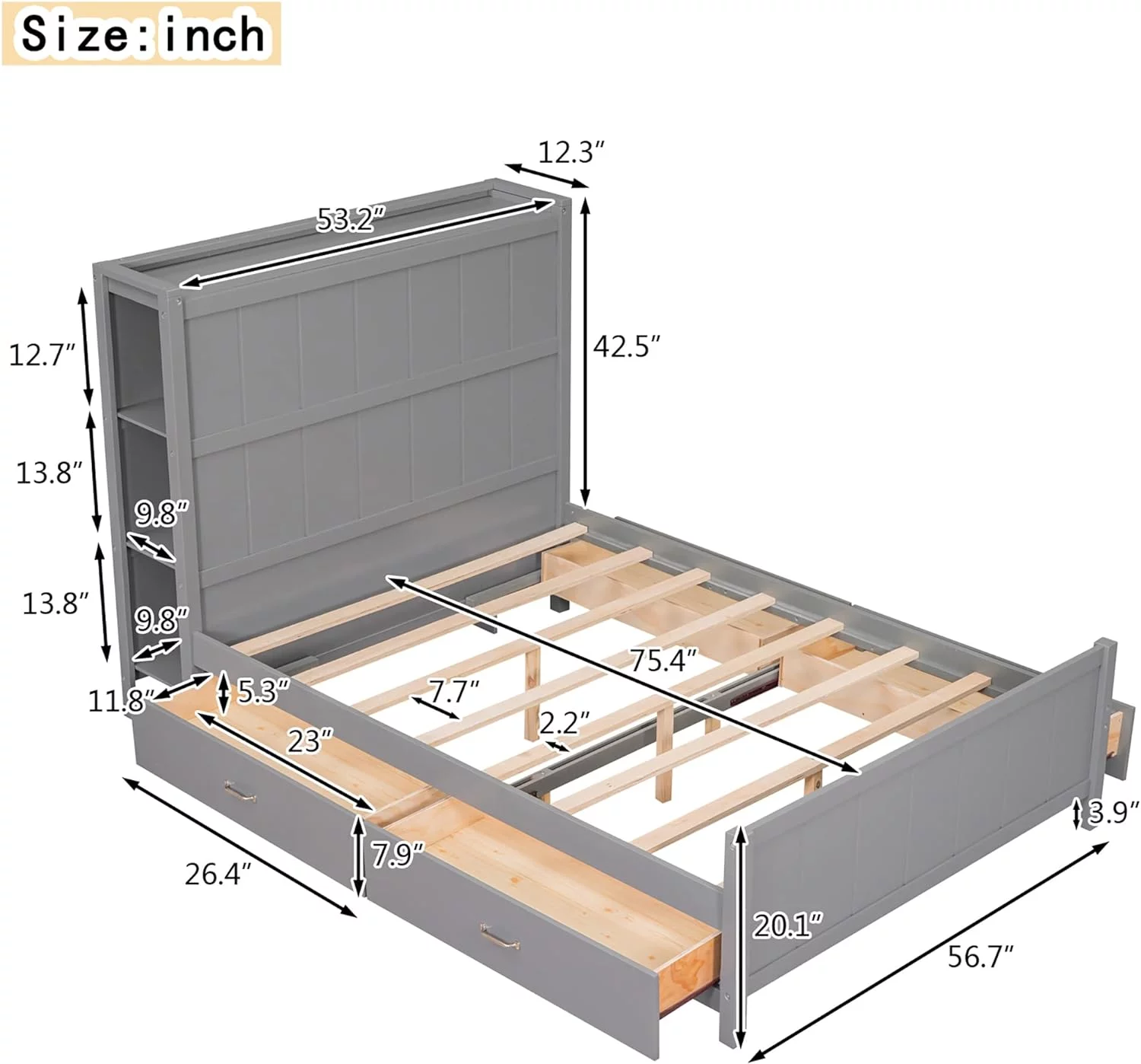 Full Size Bed Frame With Bookcase Headboard And 4 Storage Drawers, Wooden Platform Full, No Box Spring Needed, Mattress Foundation (Full, Gray) Gray + 4 Drawers