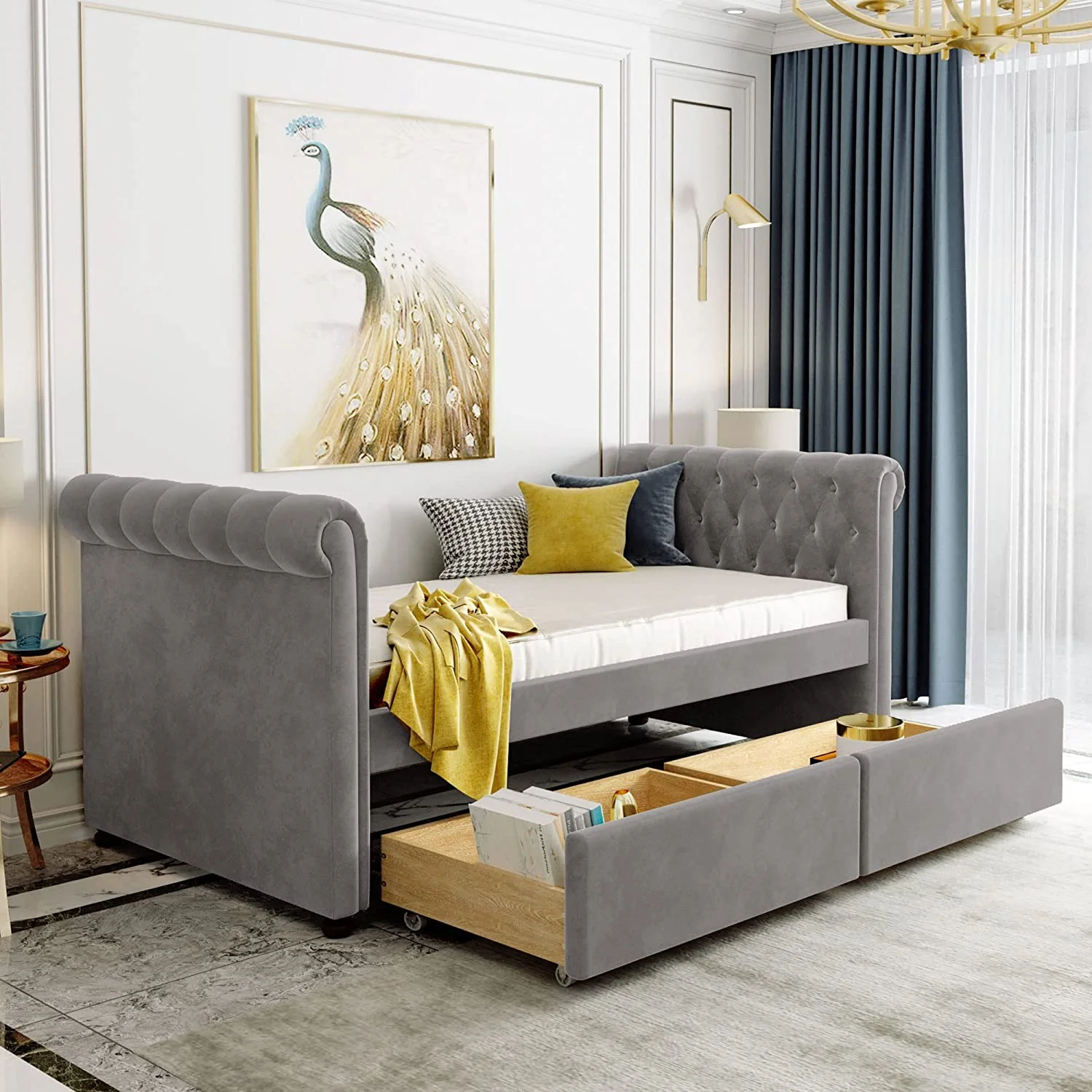 Upholstered Daybed With Storage, Wood Daybed Frame With 2 Drawers Udereath, Tufted Sofa Bed With Wood Slat Support For Bedroom,Livig Room,Gray