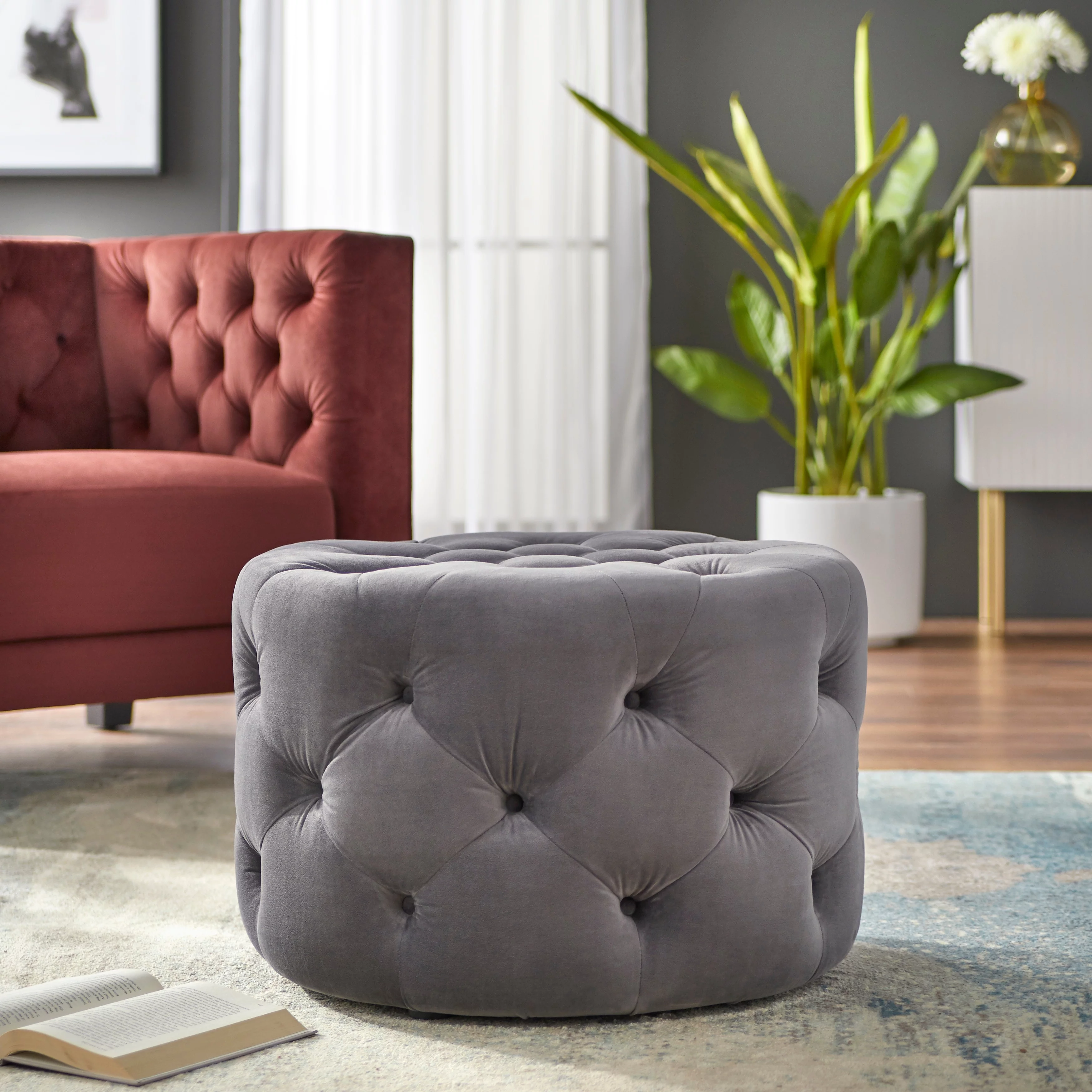 TMS Scopi 24” Round Tufted Ottoman, White Velvet