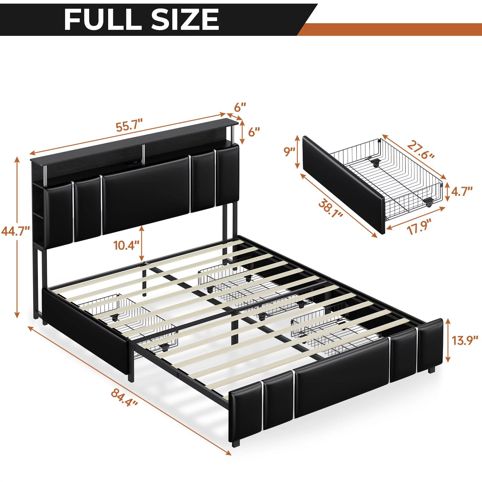 ADORNEVE Full Size LED Bed Frame with Storage Headboard, Upholstered Platform Bed with Charging Station and 4 Drawers, No Box Spring Needed, Black
