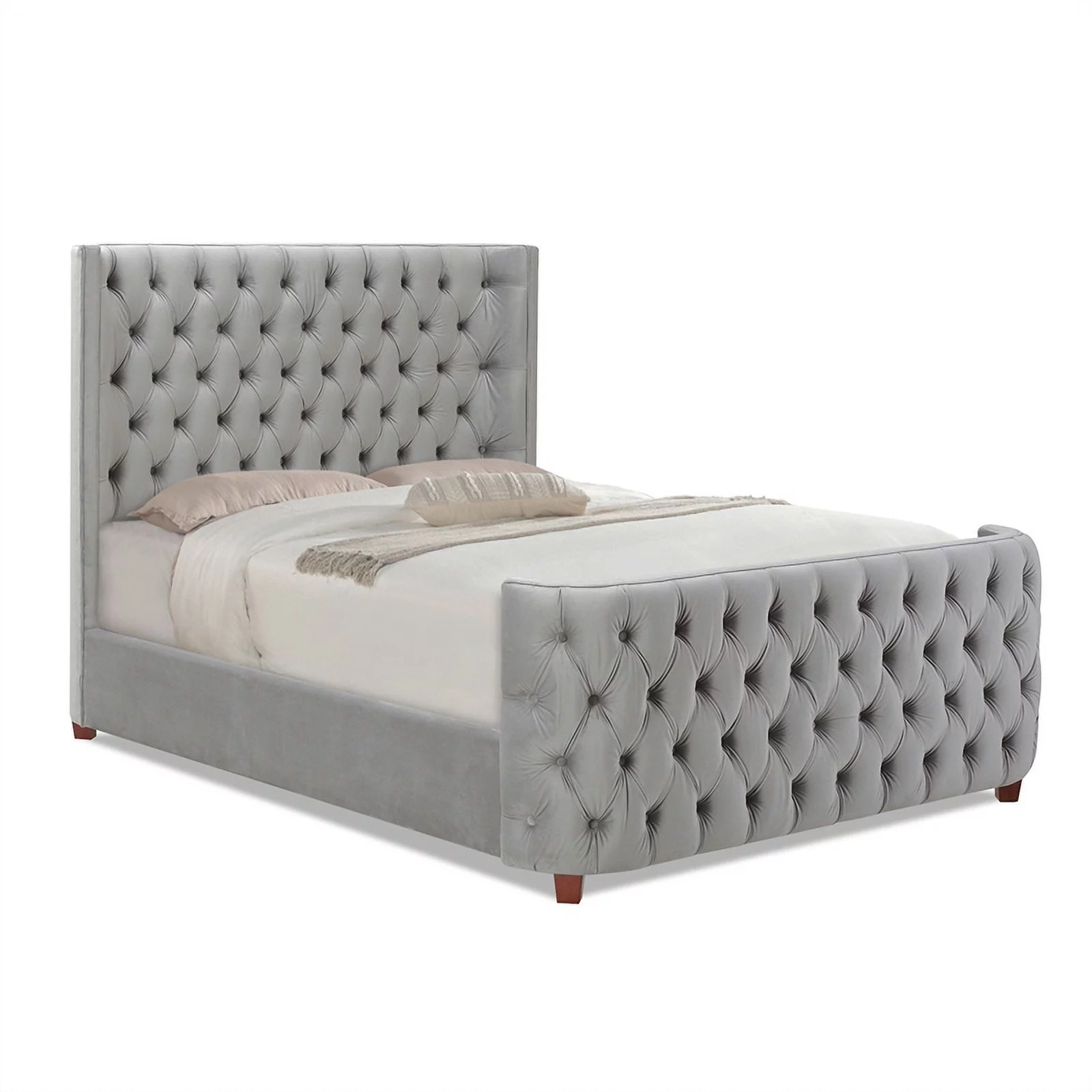 Maklaine Modern Hardwood Queen Tufted Velvet Bed in Opal Grey