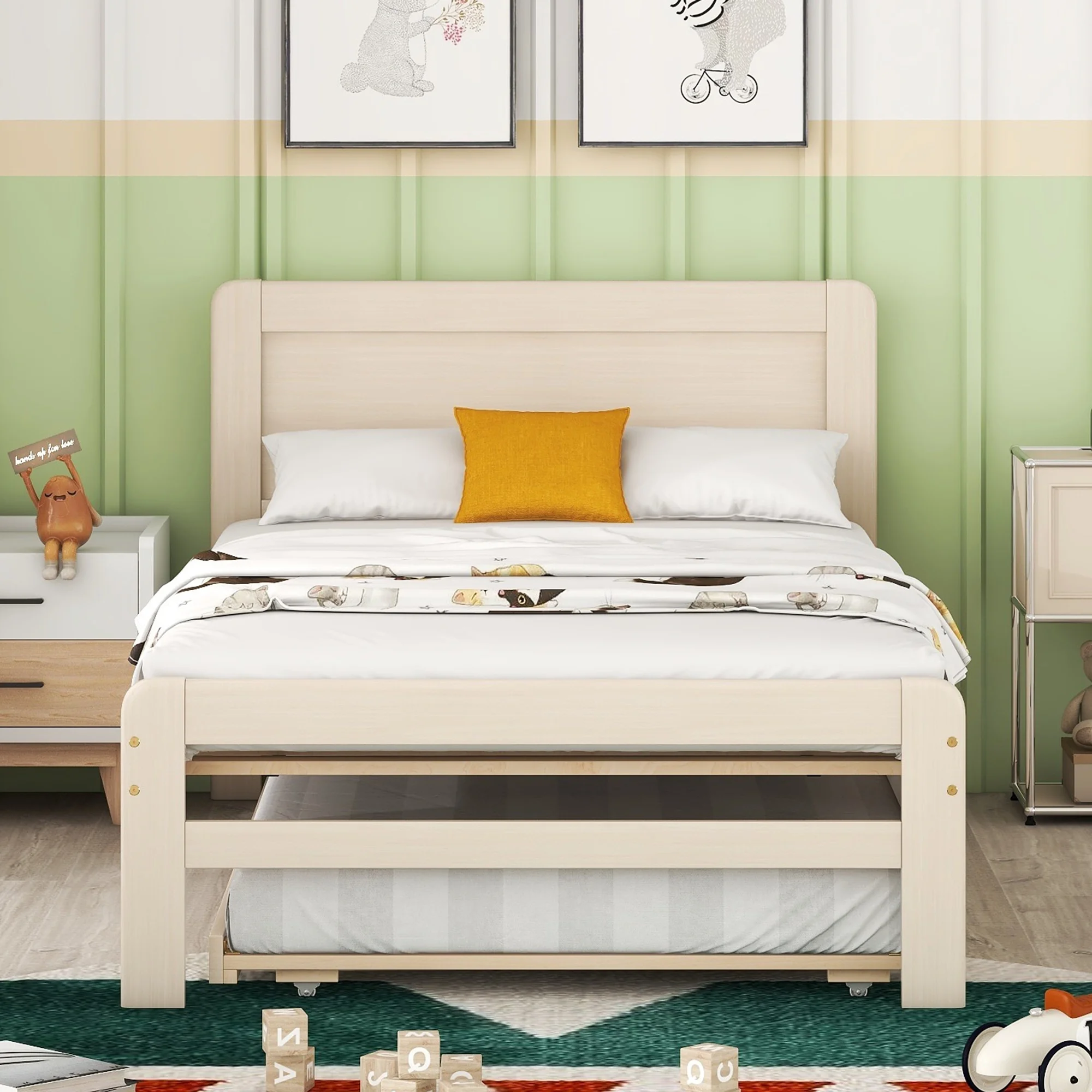 Modern Twin Size Platform Bed Frame with Trundle - White Washed Color