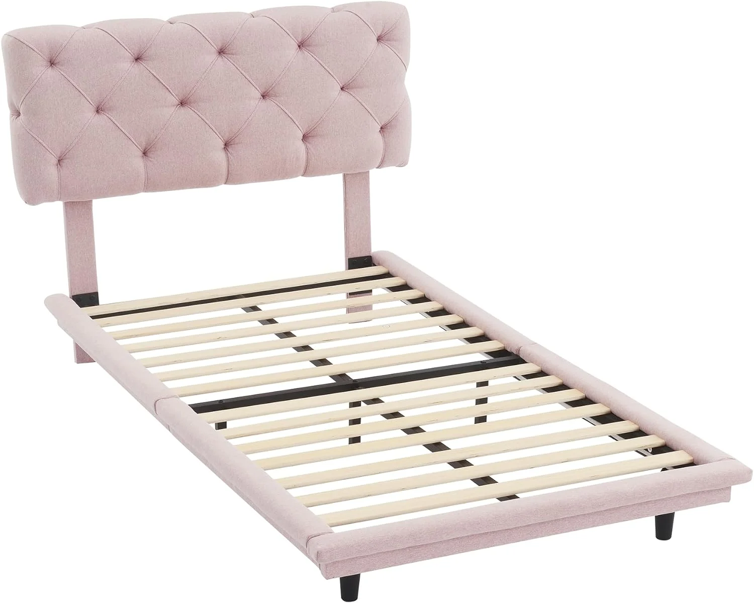 Twin Size Upholstered Bed with Light Stripe, Floating Platform Bed, Linen Fabric