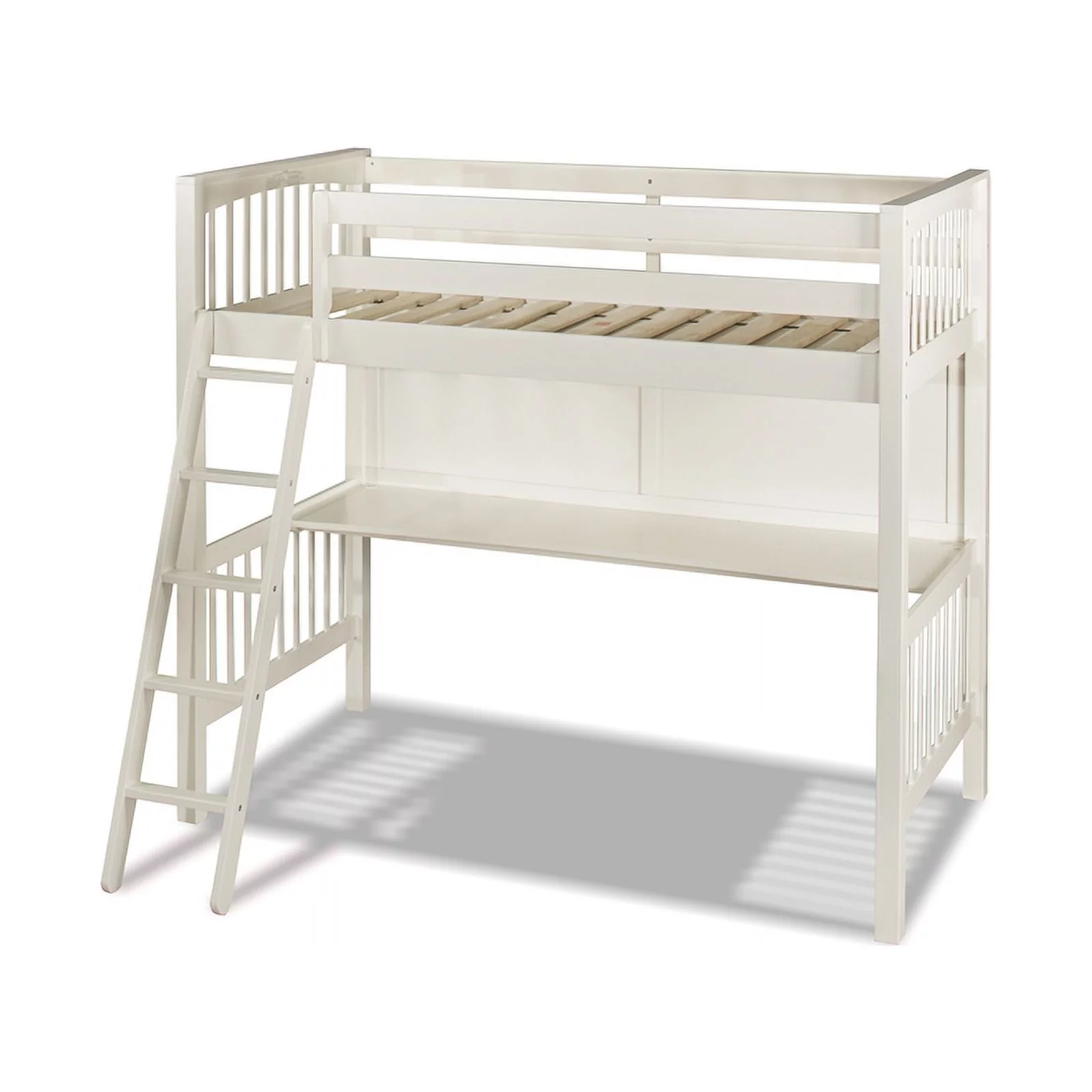 Pemberly Row Twin Wooden Loft Bed with Desk and Hanging Nightstand in White
