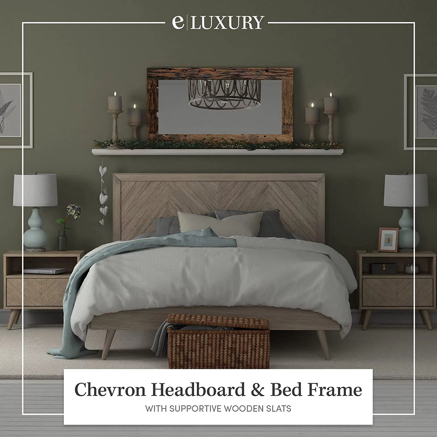 Chevron Wood Bed Frame with Adjustable Headboard | Solid Mahogany Wood | Queen Grey | No Box Spring Needed | Easy Assembly