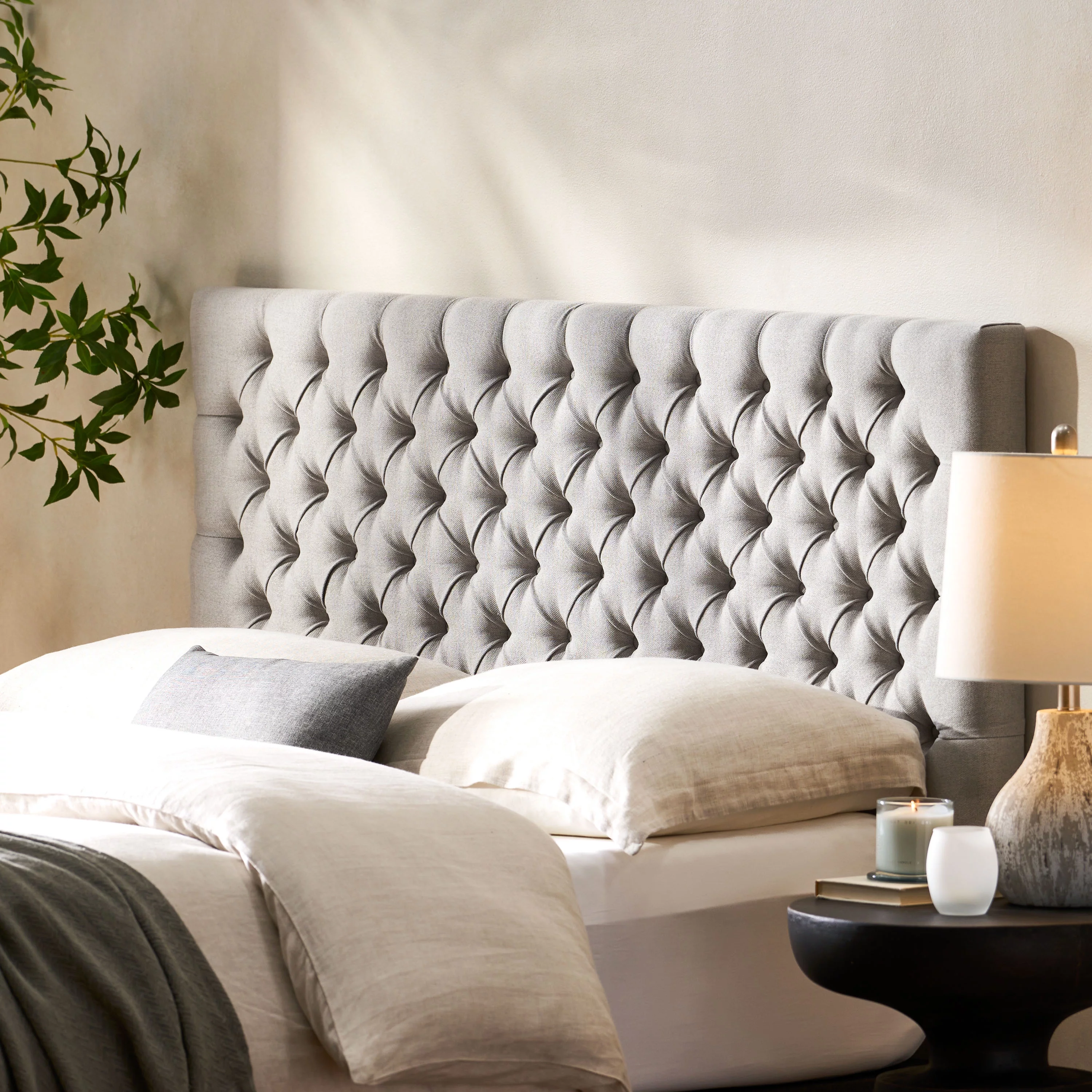 Noble House Conner Fabric Queen Full Headboard, Light Grey