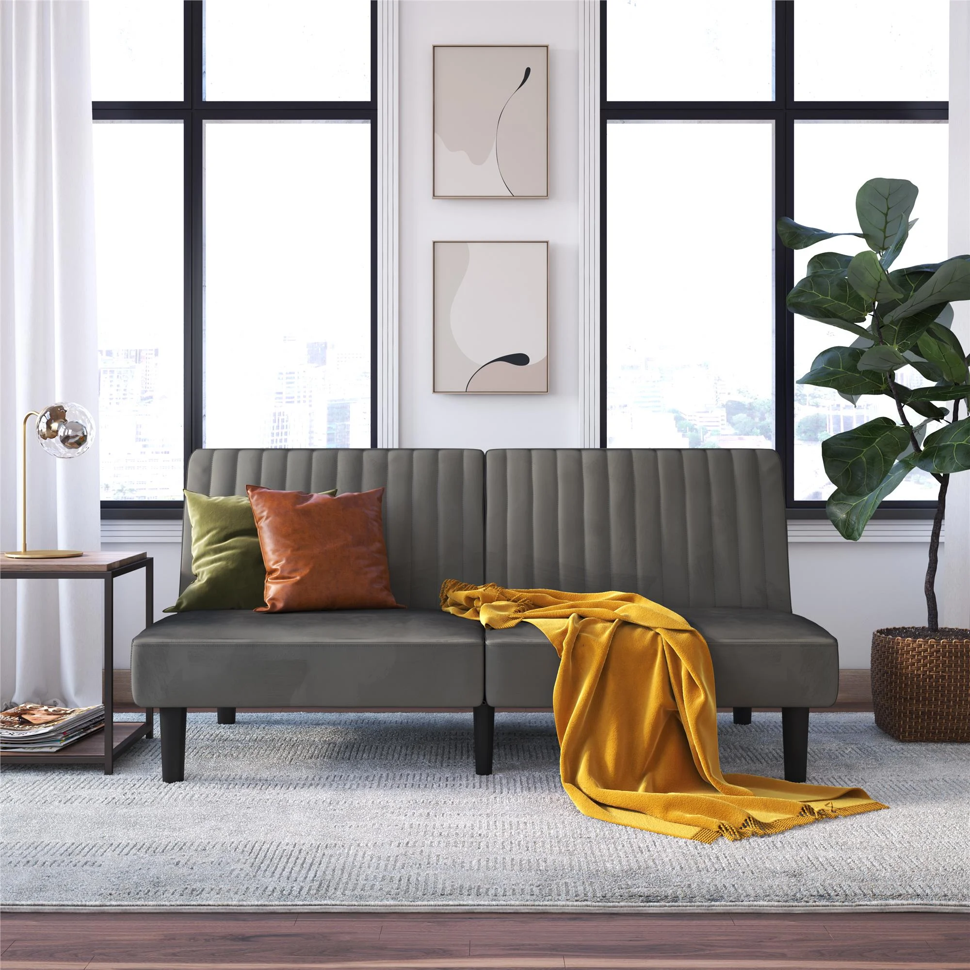 Queer Eye Wynn Futon, Convertible Sofa Bed and Couch, Gray Velvet
