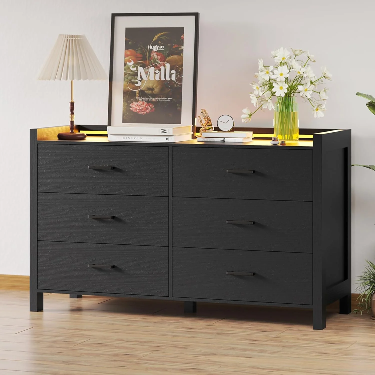 6 Drawer Double Dresser with LED Lights, Black Storage Cabinet for Bedroom, Hallway, Entryway