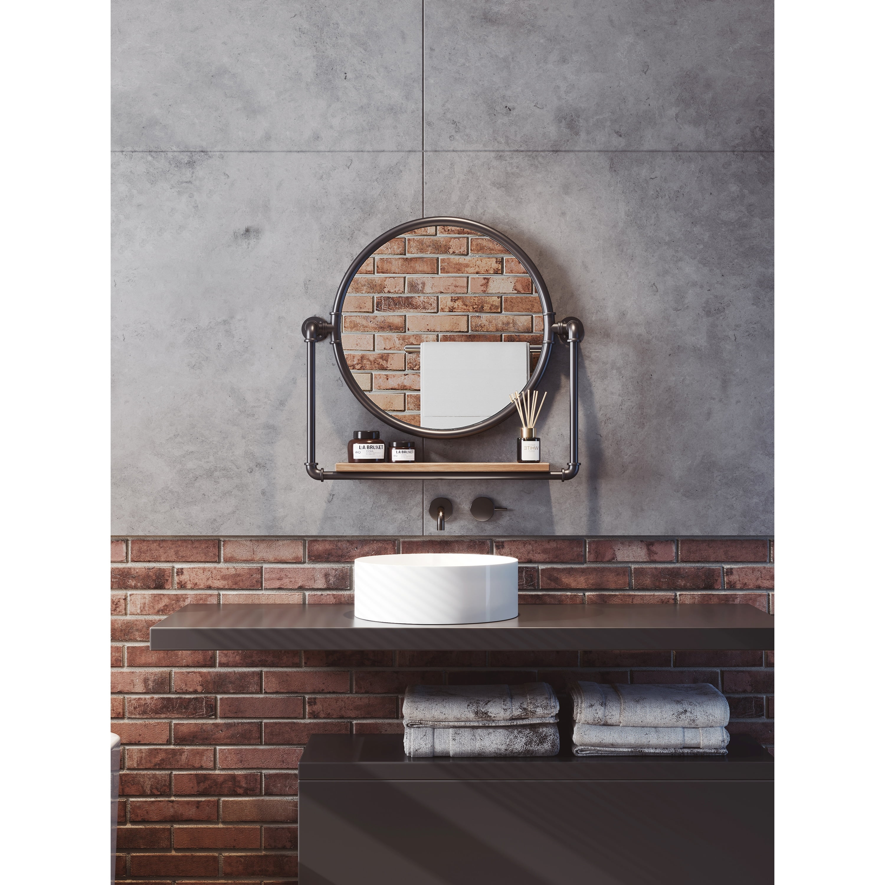 MacLuu Industrial Black Metal Pipe Hanging Wall Mirror with Shelf 23