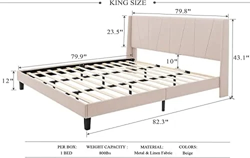 LNboomLife King Size Platform Bed Frame with Geometric Wingback Headboard  Wooden Slats Support  No Box Spring Needed  Easy Assembly  Gray
