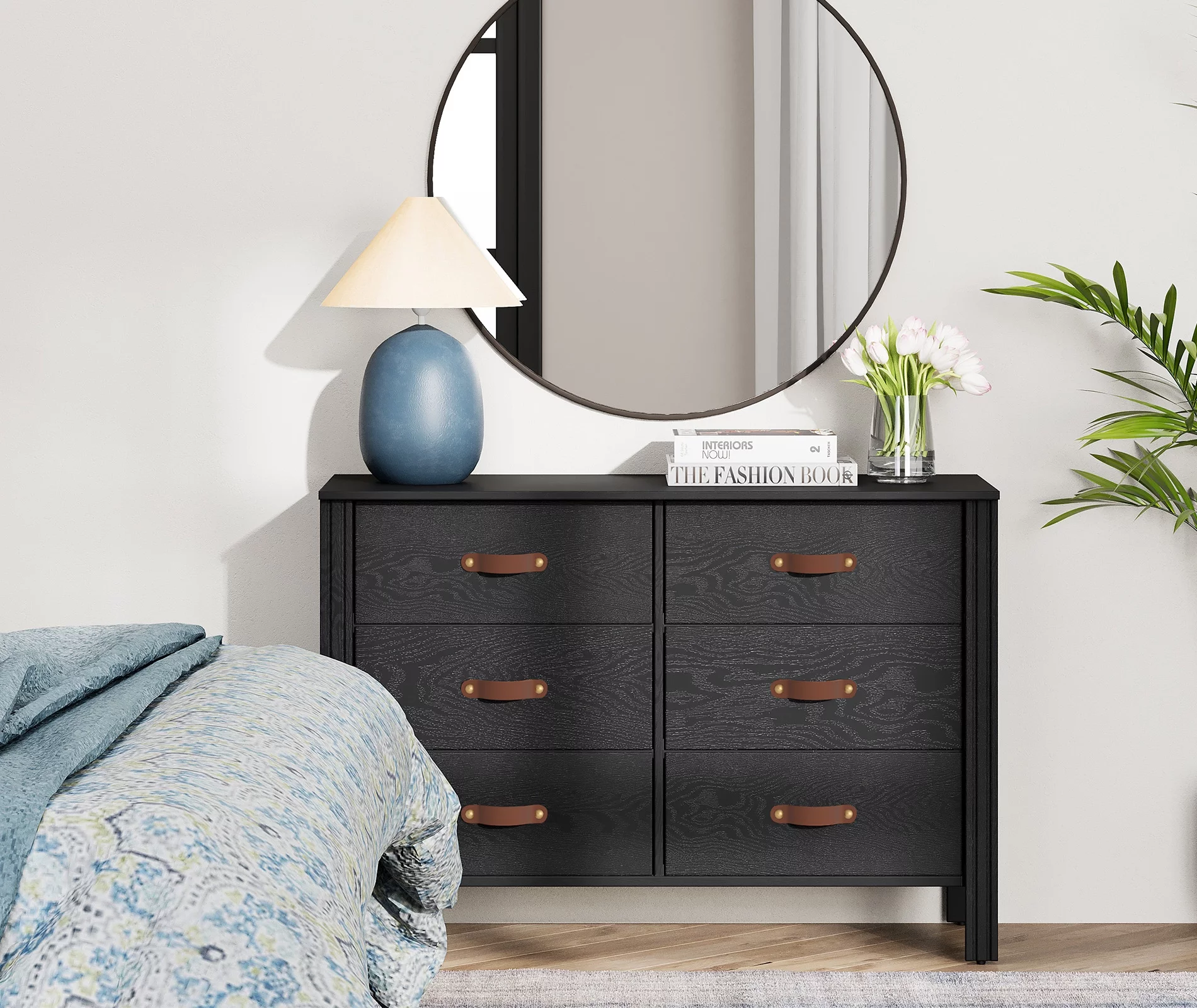Dresser for Bedroom, Wood Dresser with 6 Drawers, Storage Cabinet for Living Room, Hallway, Black