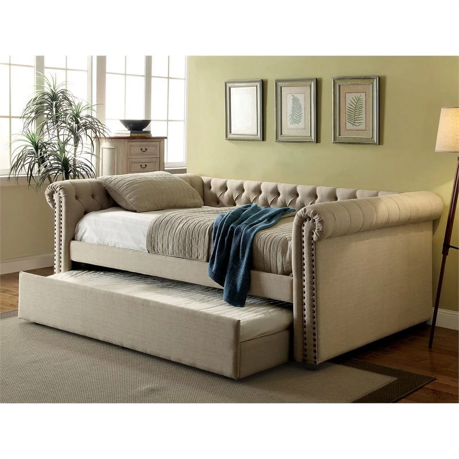 Bowery Hill Contemporary Fabric Tufted Queen Daybed with Trundle in Beige