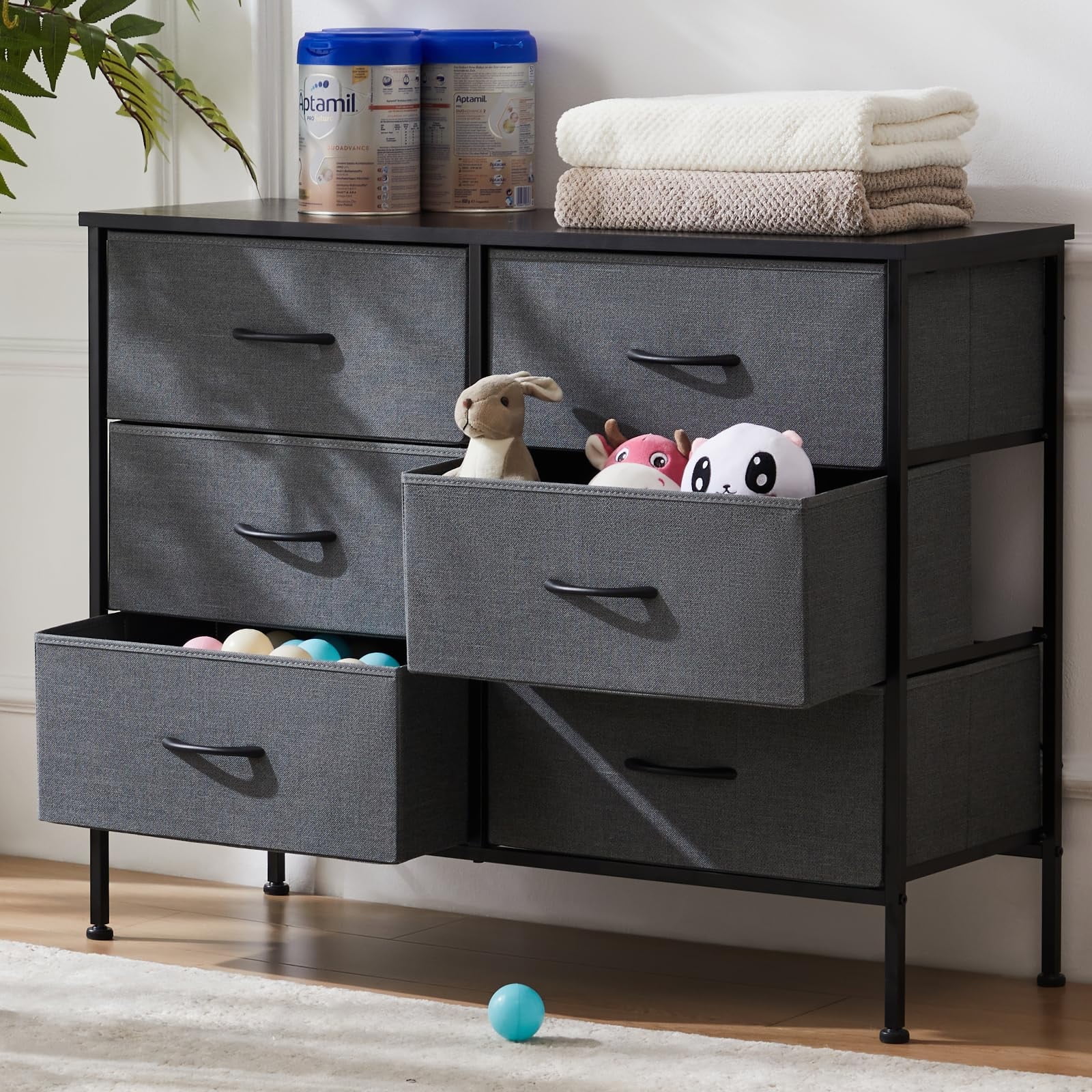 BISHE 6 Drawer Wide Fabric Storage Dresser for Bedroom with Metal Frame and Wooden Top, Perfect TV Stand for up to 45