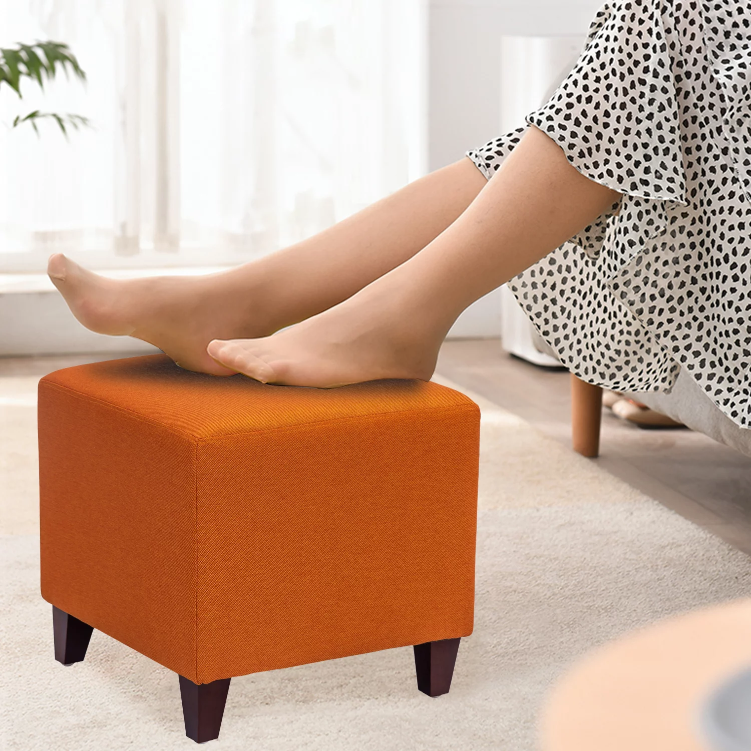 Homebeez Fabric Ottoman Square Footstool Padded Footrest Seat Sofa Footrest Extra Seating Orange