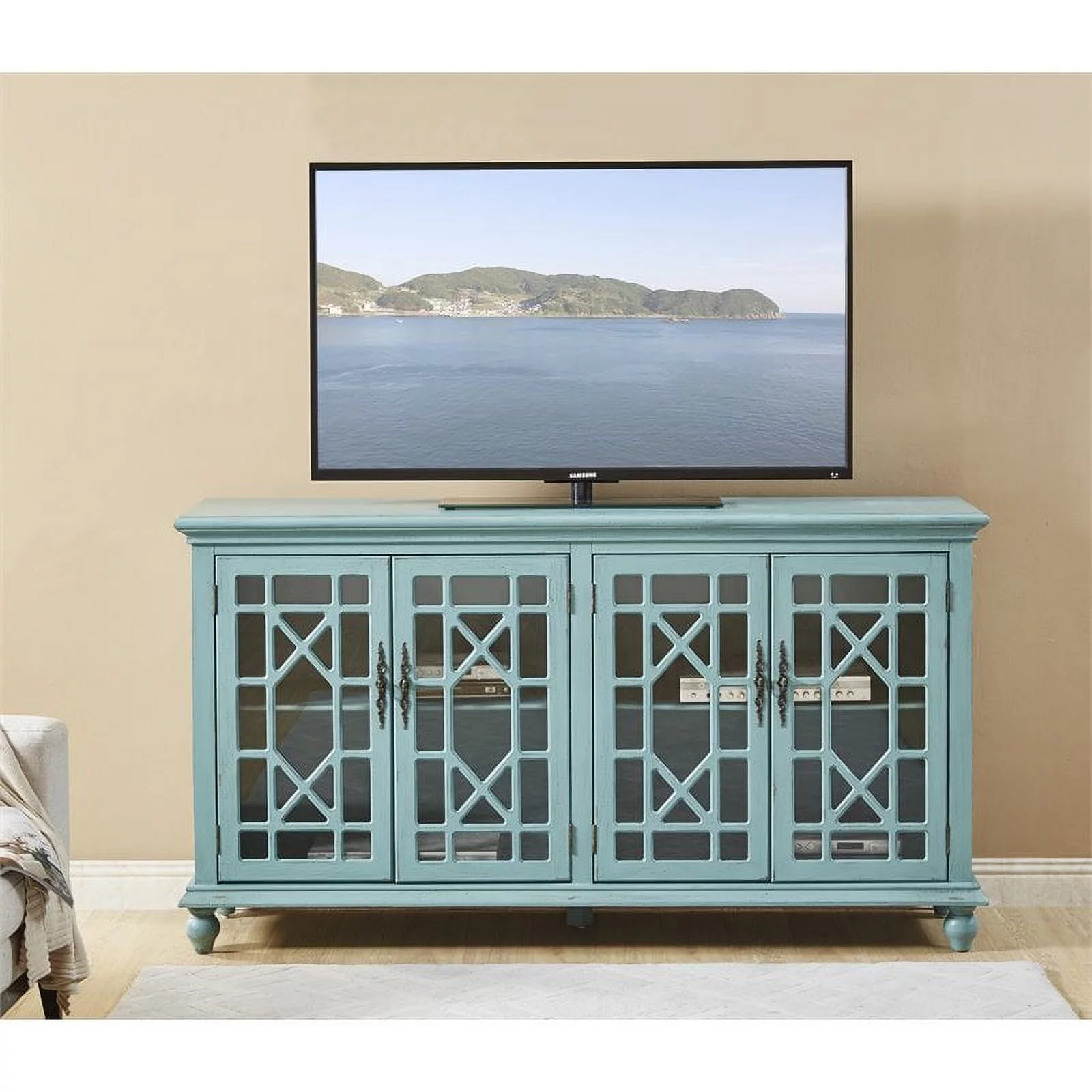 Treasure Trove Bayberry Blue Rub-through Four Door Credenza
