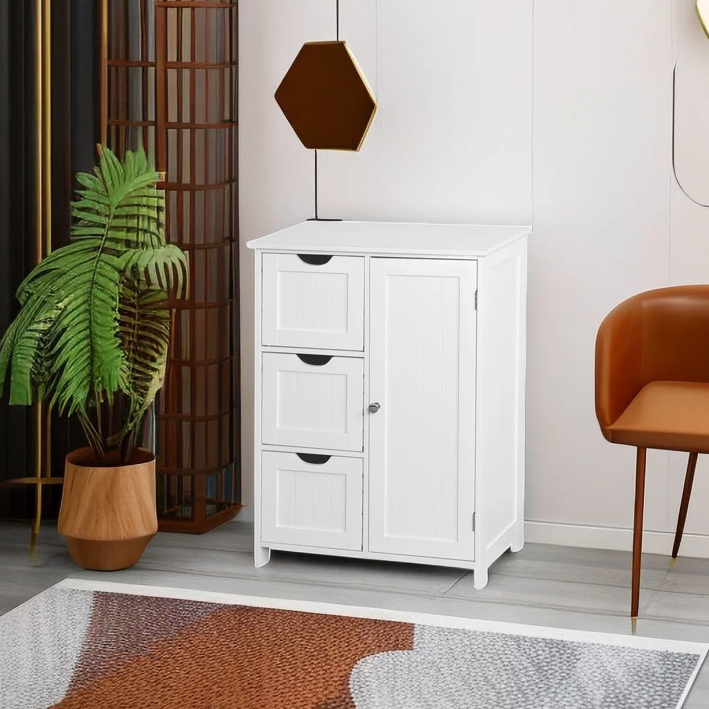 Dresser Chest with Door, Modern Chest Organizer with 3 Drawers for Bedroom, Storage Cabinet for Living Room, White Finish