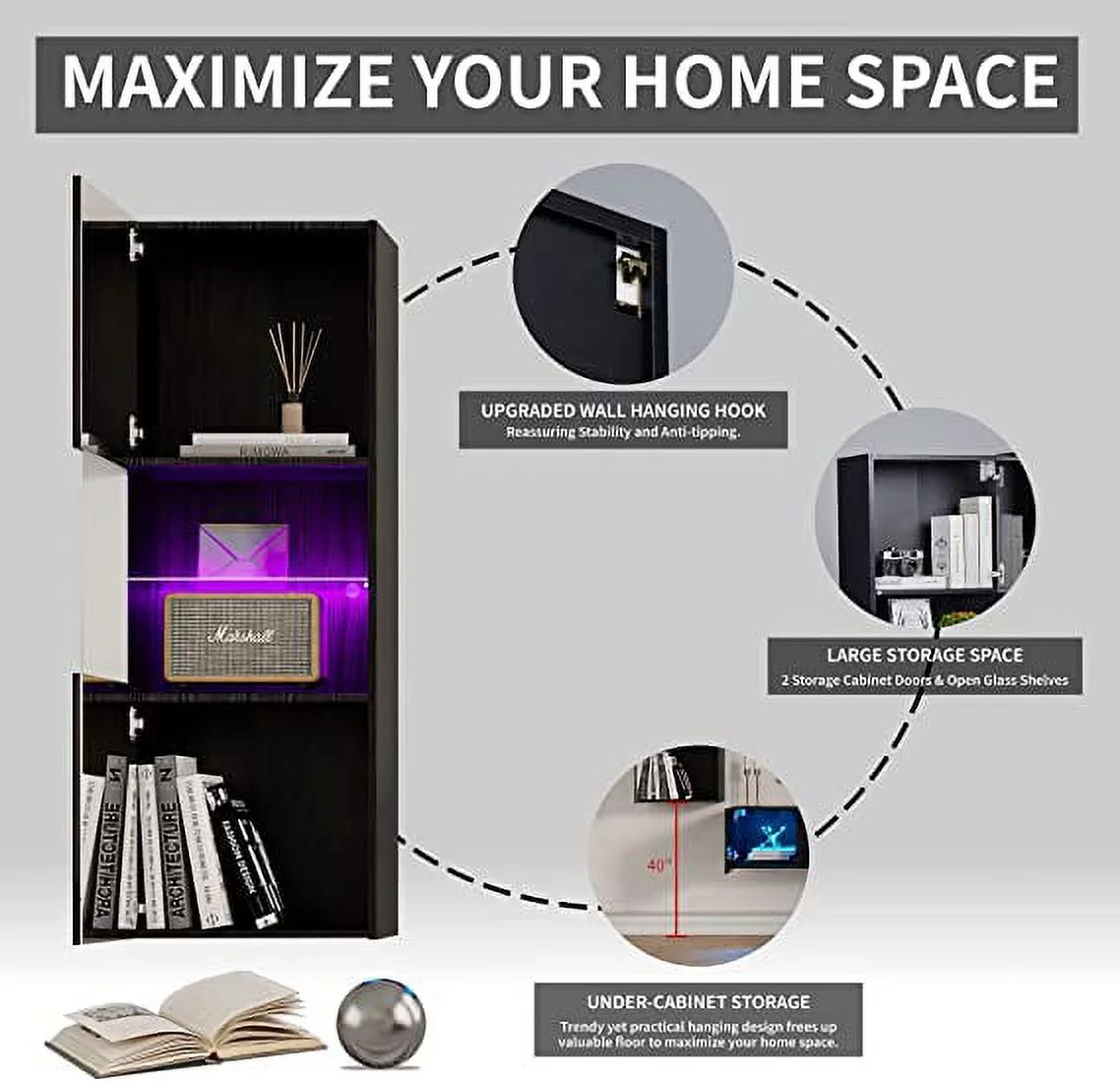 AMERLIFE Modern Wall Storage Cabinets with LED Lights,   Hanging Cabinets with Closed Doors & Open Shelves, Black