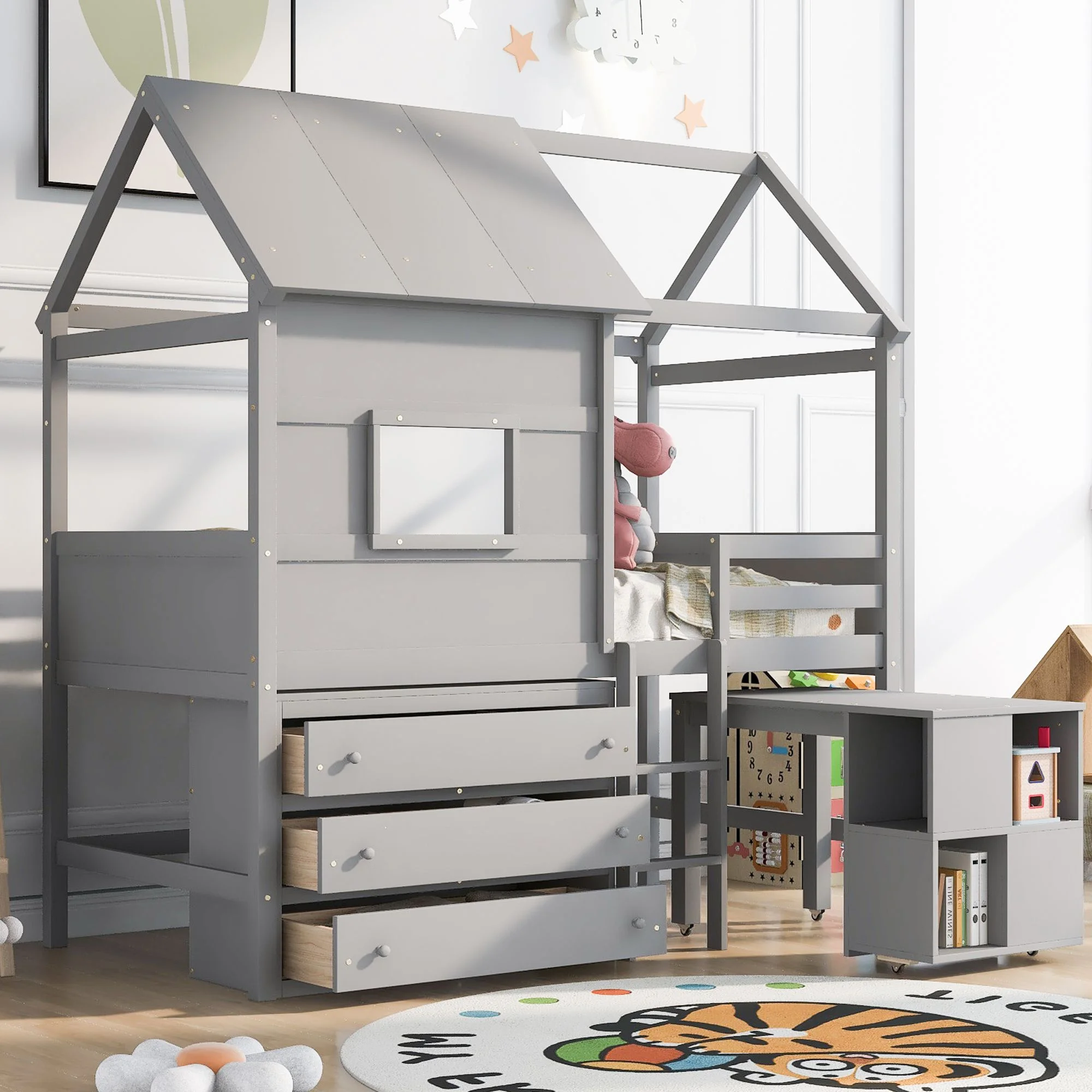 Twin Size Loft Bed, Solid Wood Low Loft Bed with Storage Desk and 3 Drawer Chest, Modern Storage Loft Bed with Pullable Desk for Boys Girls Teens, Space Saving