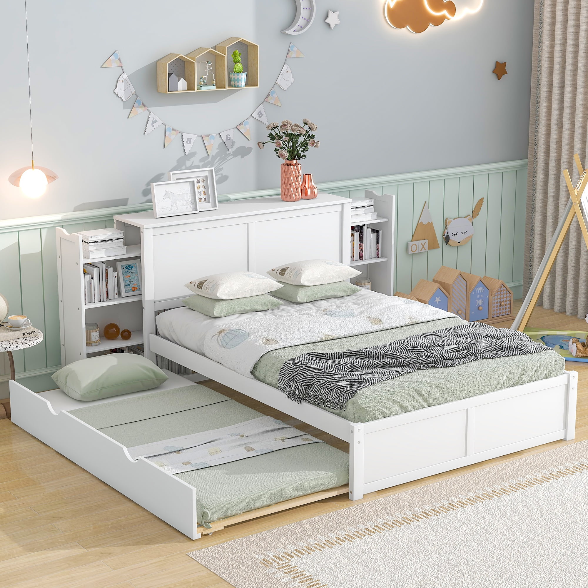 Churanty Full Size Storage Platform Bed with 4-Tier Pull Out Shelves and Twin Size Trundle, Wooden Bedframe for Kids Teens Bedroom, White