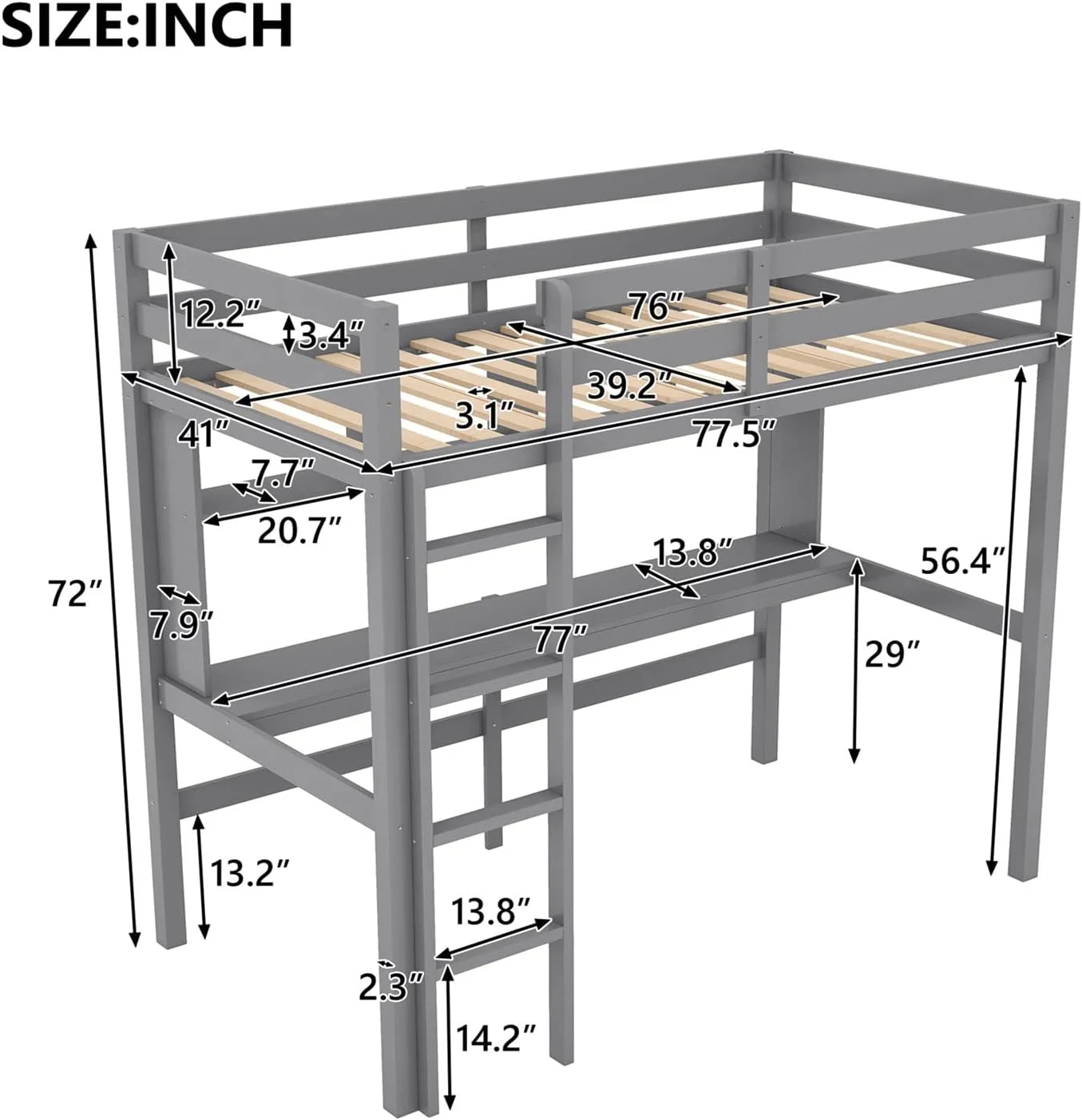 Loft Bed With Desk, Loft Bed With Shelves Bookcase, Wood Kids Loft Bed For Dorm, Boys & Girls Teens Teens, Gray