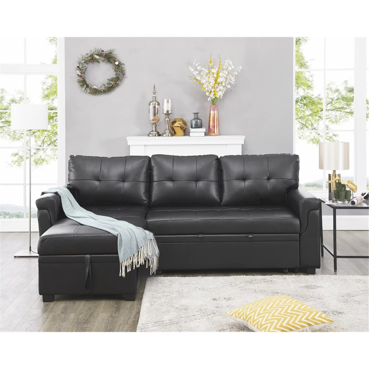 Reversible Sleeper Sectional Sofa Storage Chaise by Naomi Home-Color:Black,Fabric:Air Leather