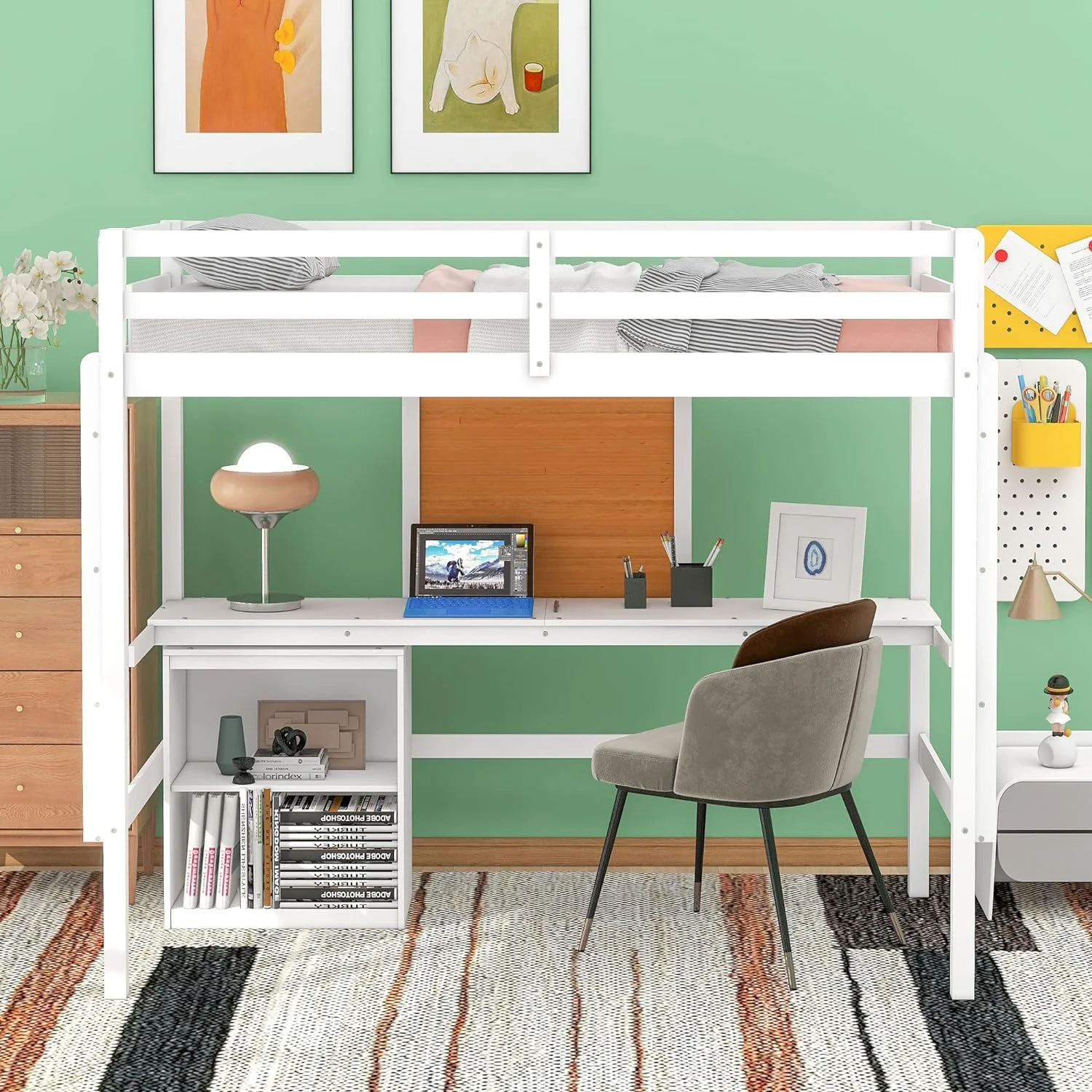 Lof Bed Wih Desk Ad Wriig Board, Wood Size Lof Bed Wih Desk & 2 Drawers Cabie Udereah, Lof Bed For Kids, Boys,Girls,ees(,Whie)
