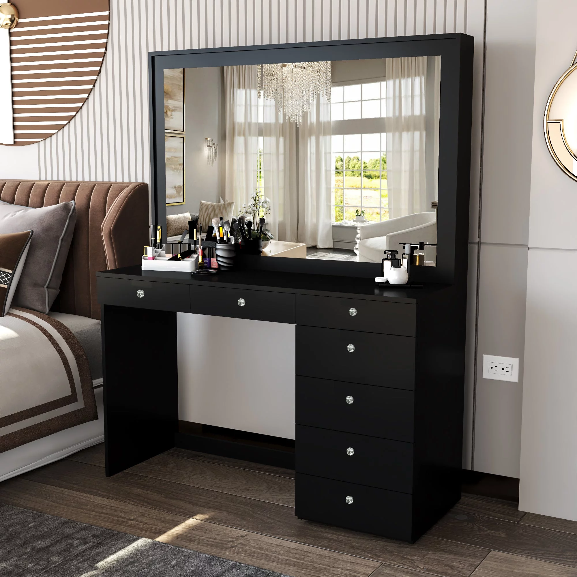 Boahaus Modern Black Painted Vanity Table with Crystal Knobs, for Bedroom